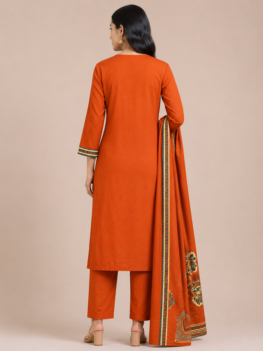 Women's Rust Orange Ethnic 3-Piece Kurti Set with Patchwork and Printed Border