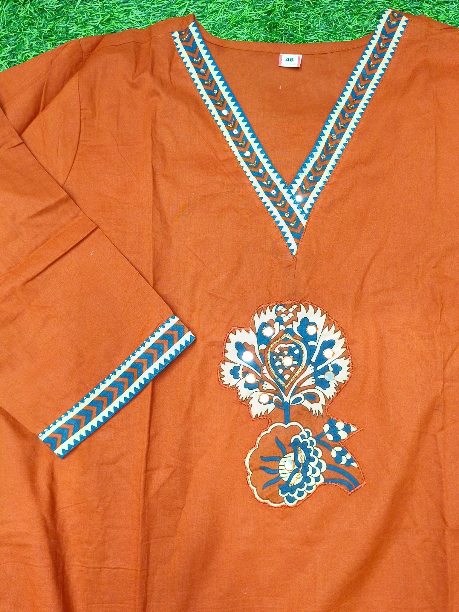 Women's Rust Orange Ethnic 3-Piece Kurti Set with Patchwork and Printed Border