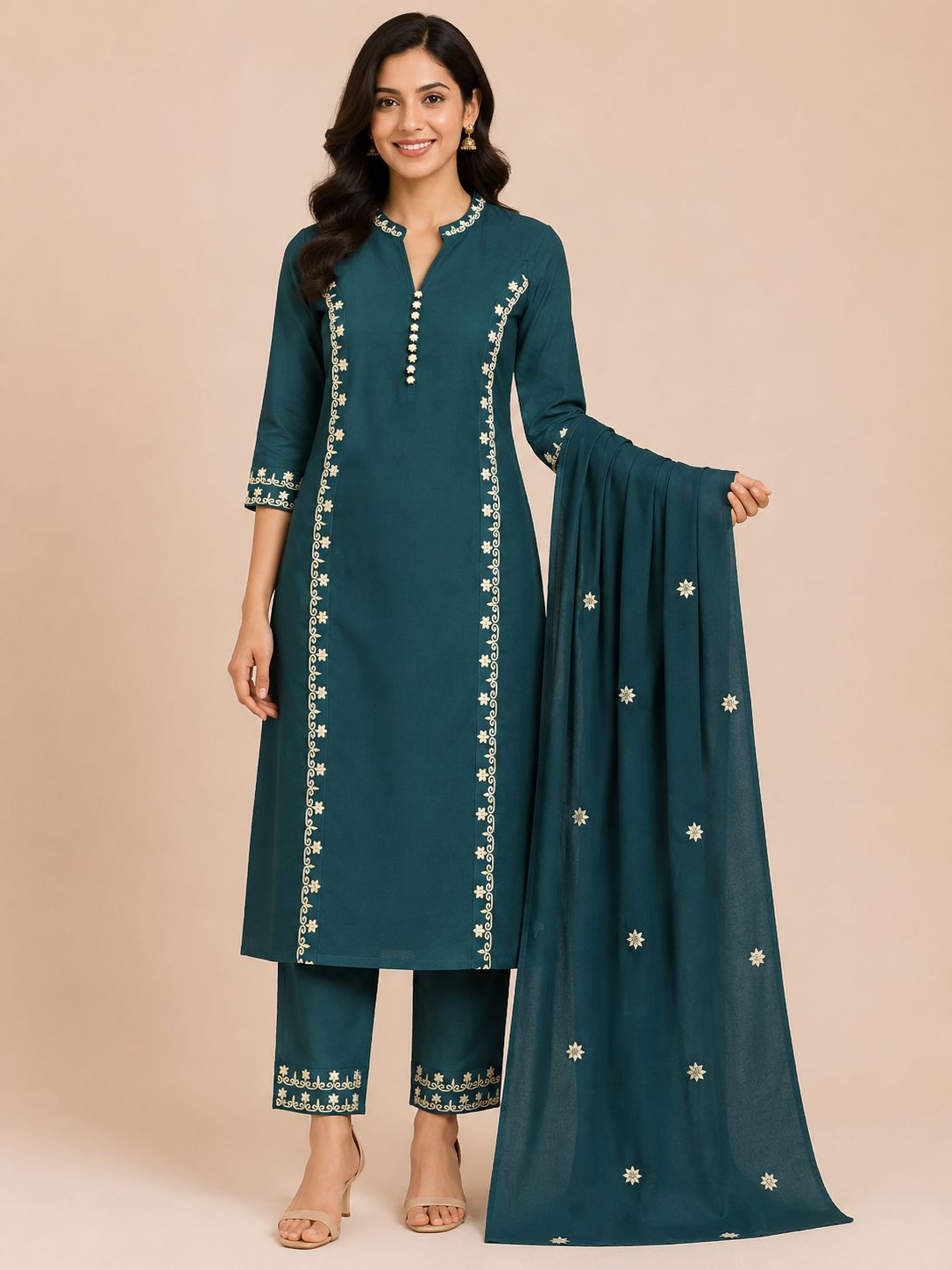 Women's 2-Piece Straight Kurti with Embellished V-Slit Neck and Mandarin Collar
