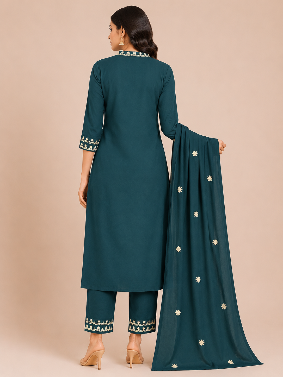 Women's 2-Piece Straight Kurti with Embellished V-Slit Neck and Mandarin Collar