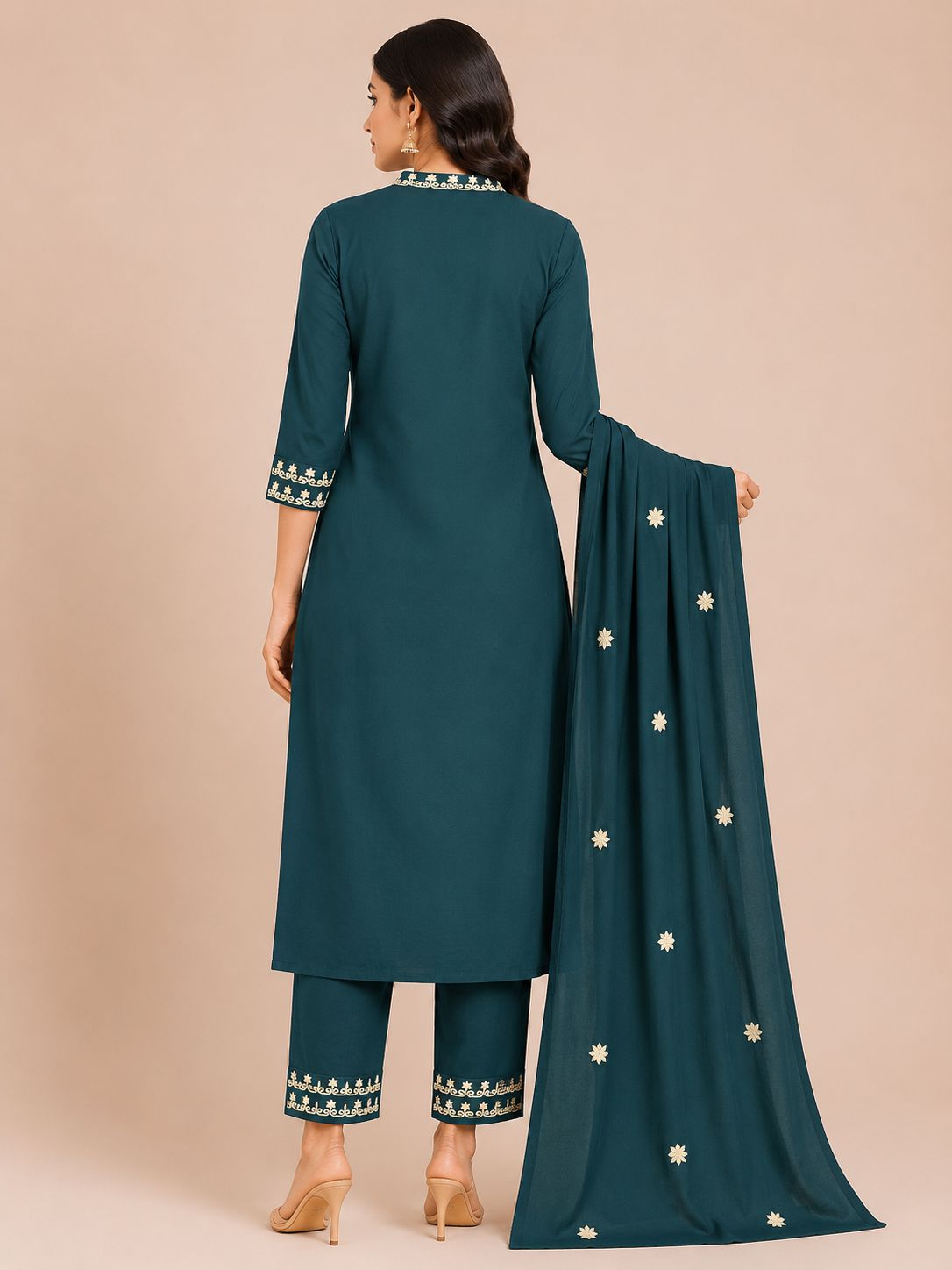 Women's 2-Piece Straight Kurti with Embellished V-Slit Neck and Mandarin Collar