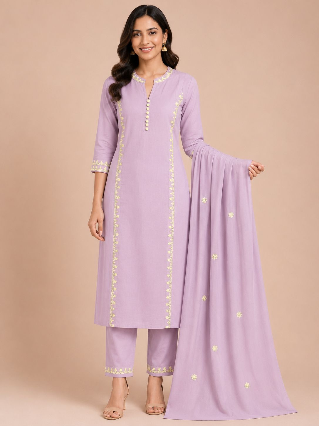 Women's Traditional Light Purple 3-Piece Kurti Set with Mandarin Collar and 3/4 Sleeves