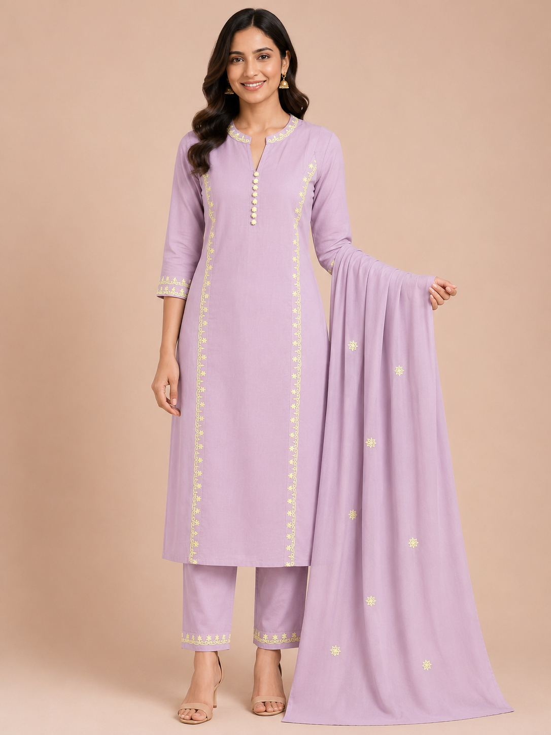 Women's Traditional Light Purple 3-Piece Kurti Set with Mandarin Collar and 3/4 Sleeves