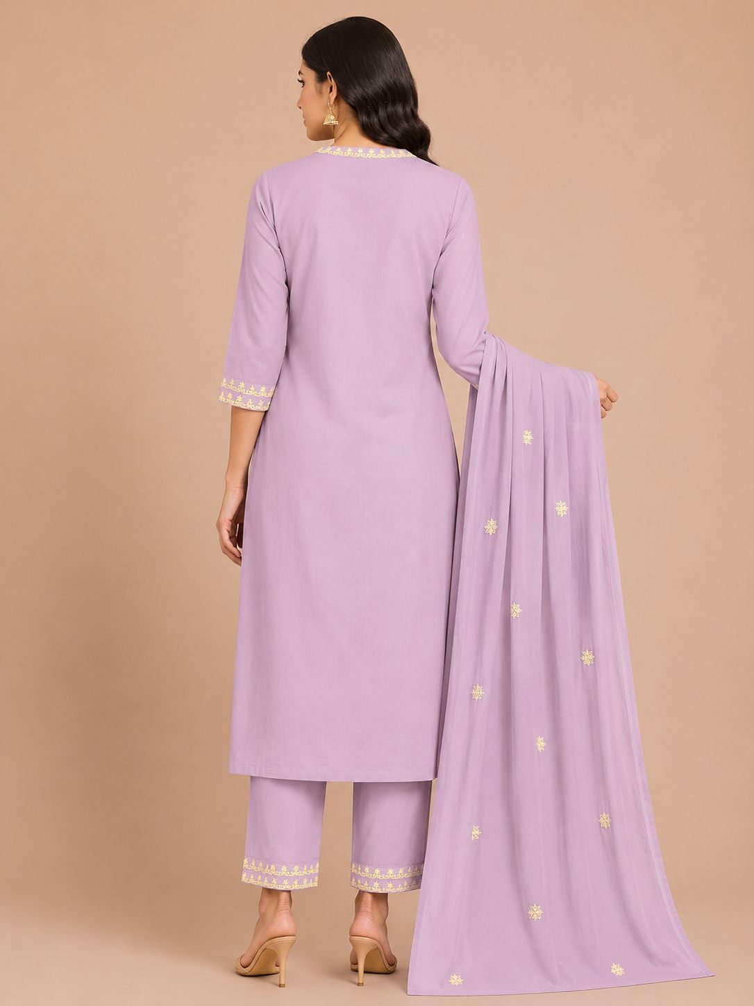 Women's Traditional Light Purple 3-Piece Kurti Set with Mandarin Collar and 3/4 Sleeves
