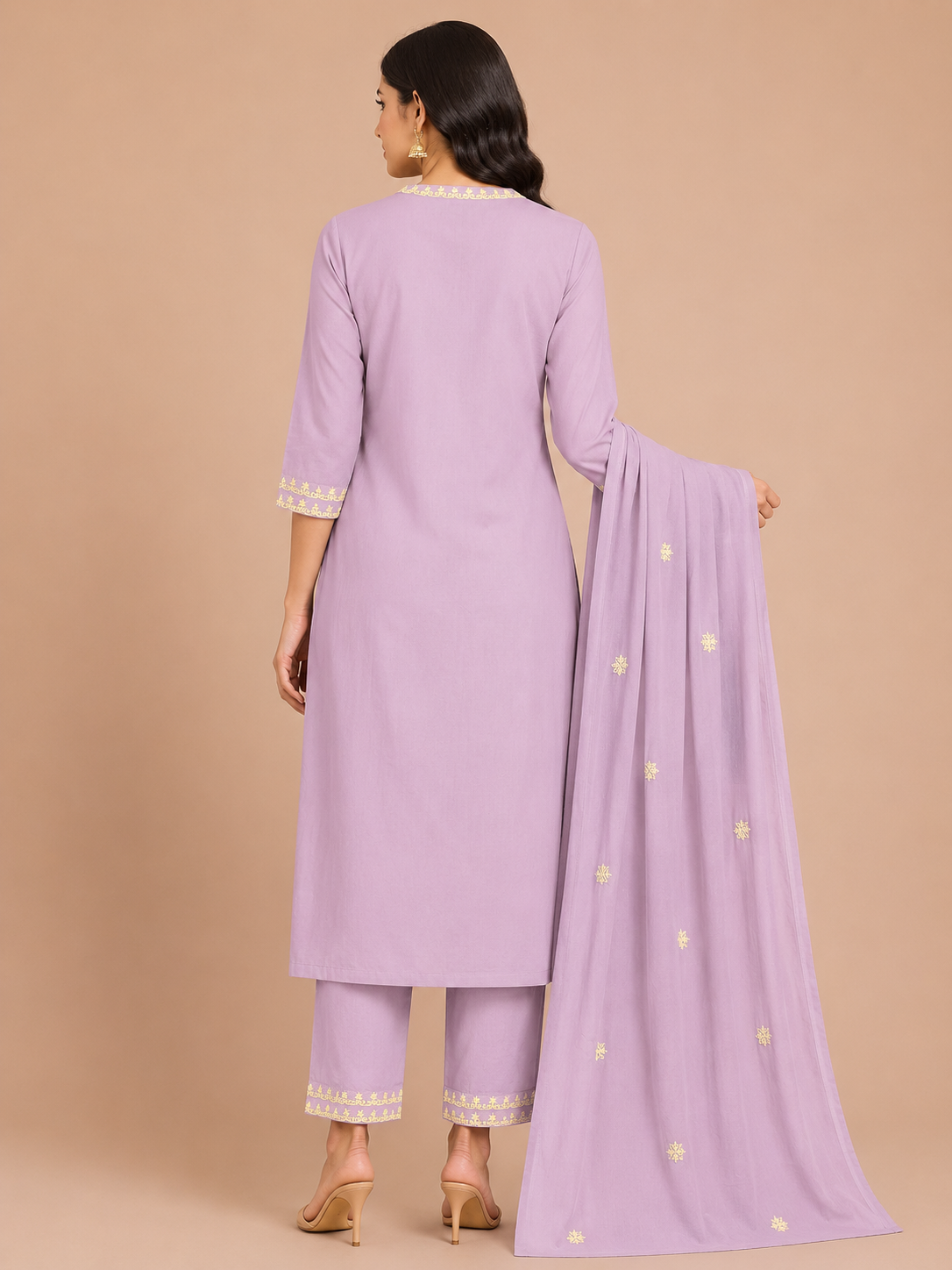 Women's Traditional Light Purple 3-Piece Kurti Set with Mandarin Collar and 3/4 Sleeves