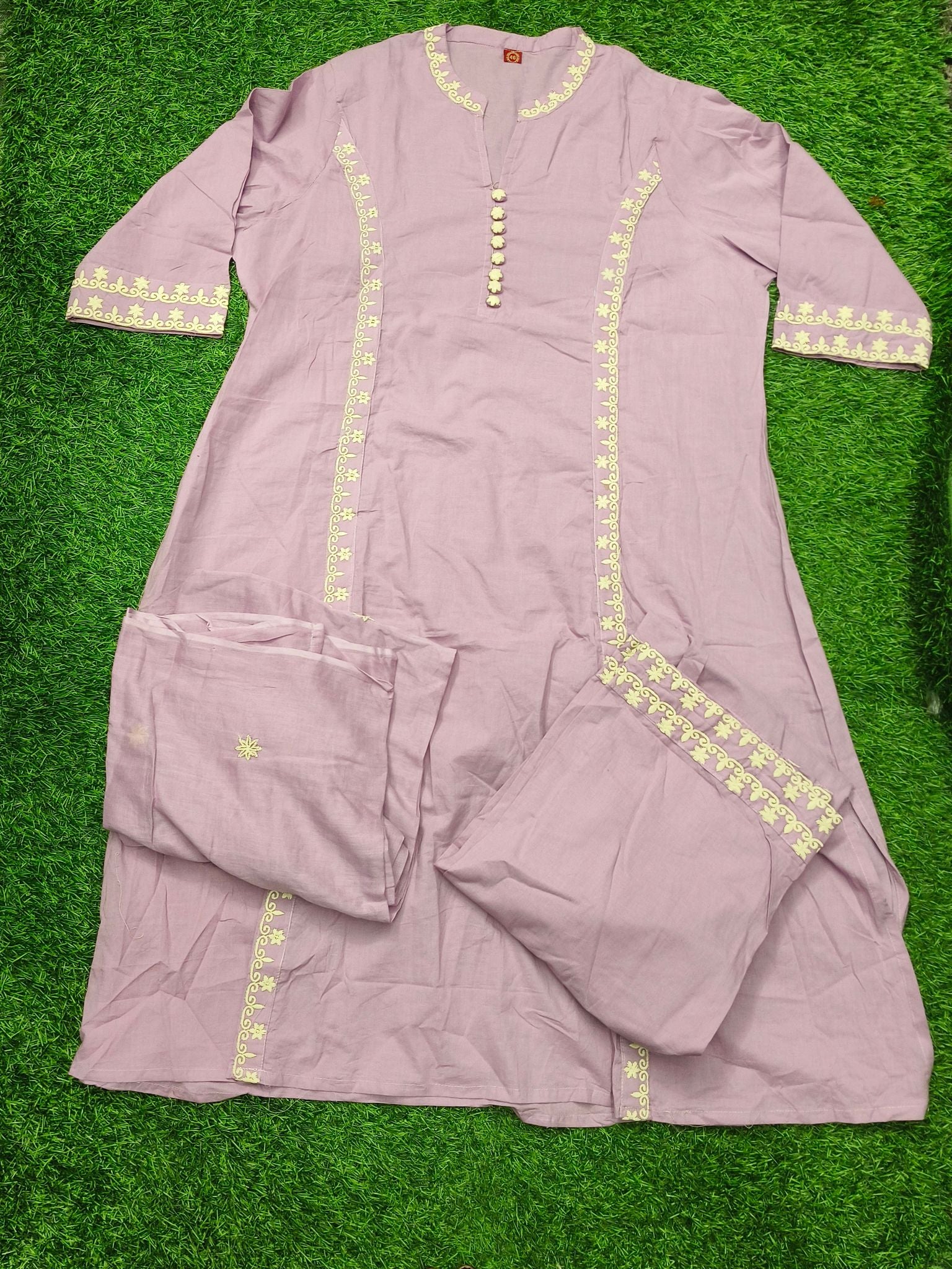 Women's Traditional Light Purple 3-Piece Kurti Set with Mandarin Collar and 3/4 Sleeves