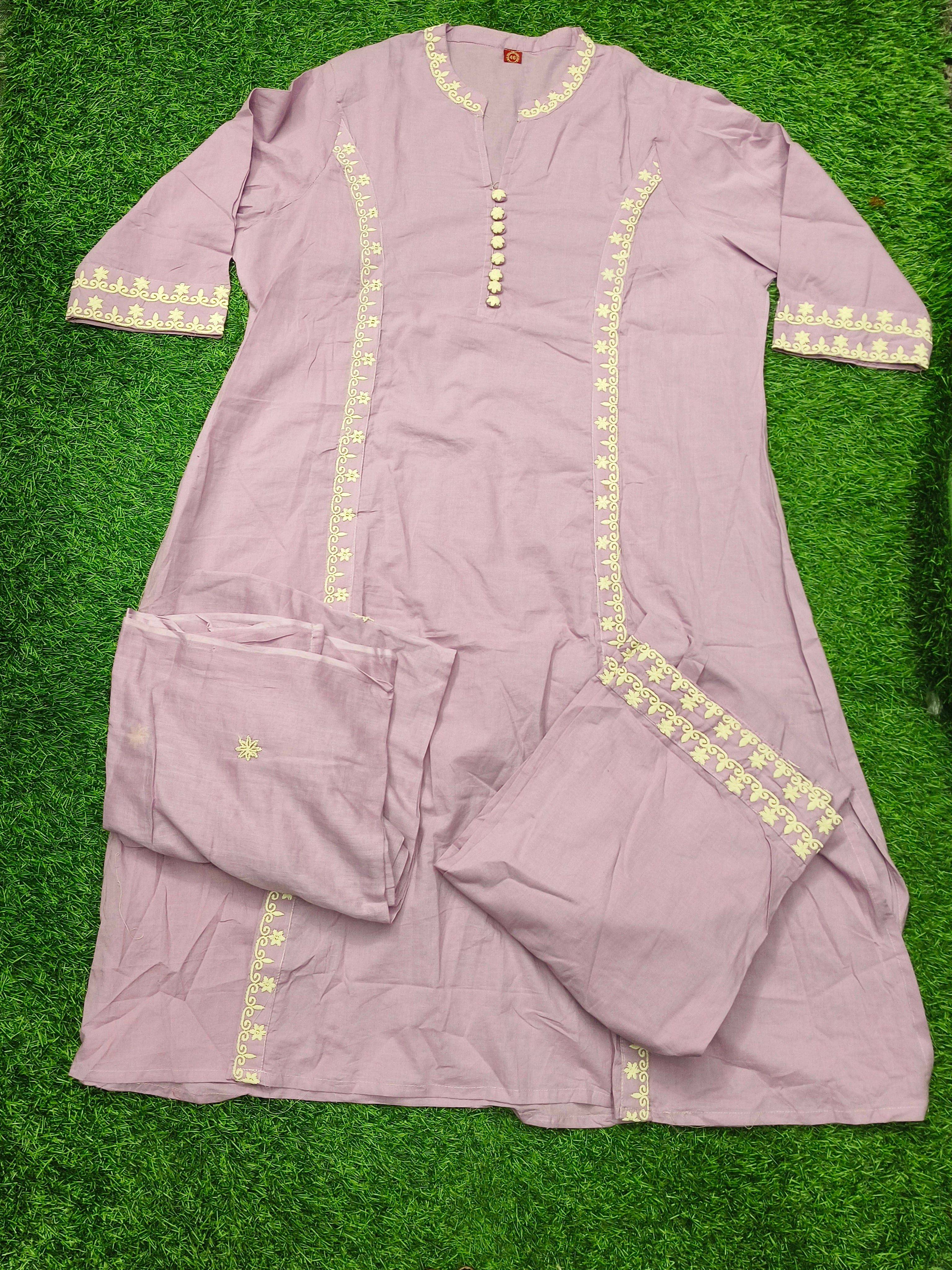 Women's Traditional Light Purple 3-Piece Kurti Set with Mandarin Collar and 3/4 Sleeves