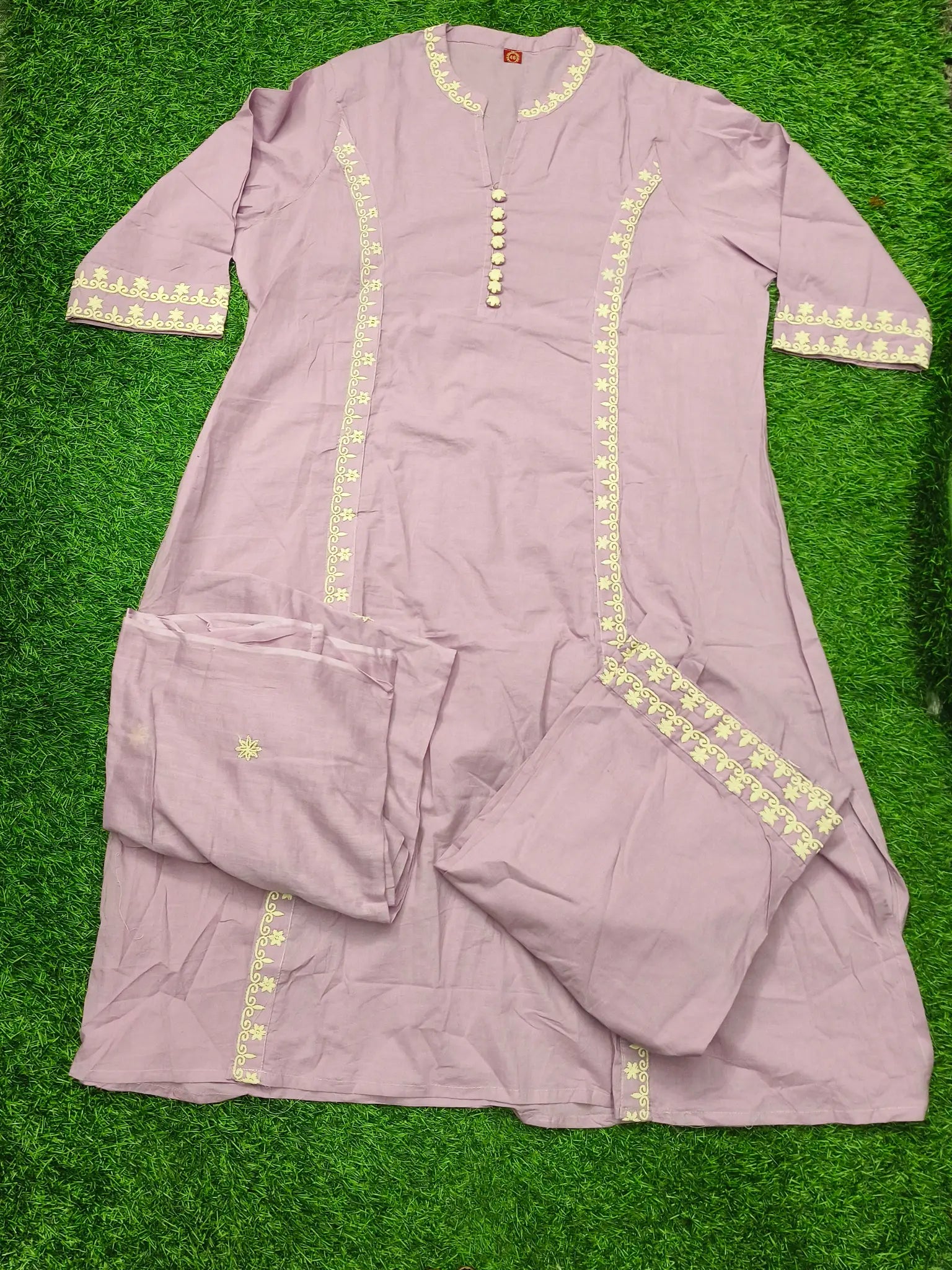 Women's Traditional Light Purple 3-Piece Kurti Set with Mandarin Collar and 3/4 Sleeves