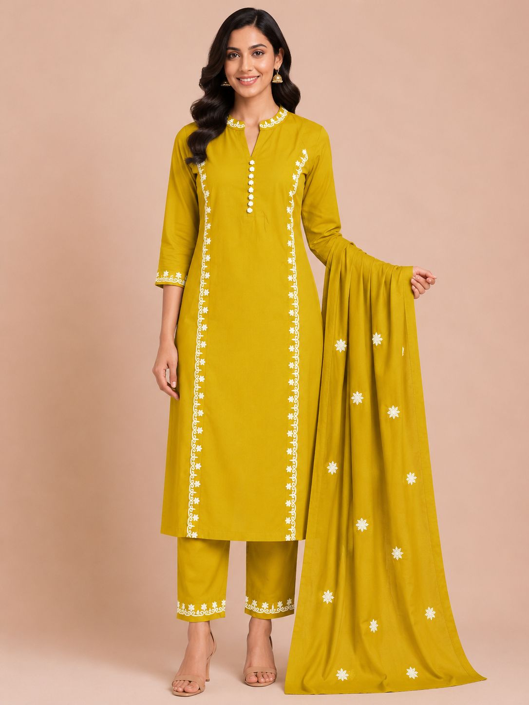Women's Designer Olive Green 3-Piece  Kurti Set with Mandarin Collar and Fabric Buttons