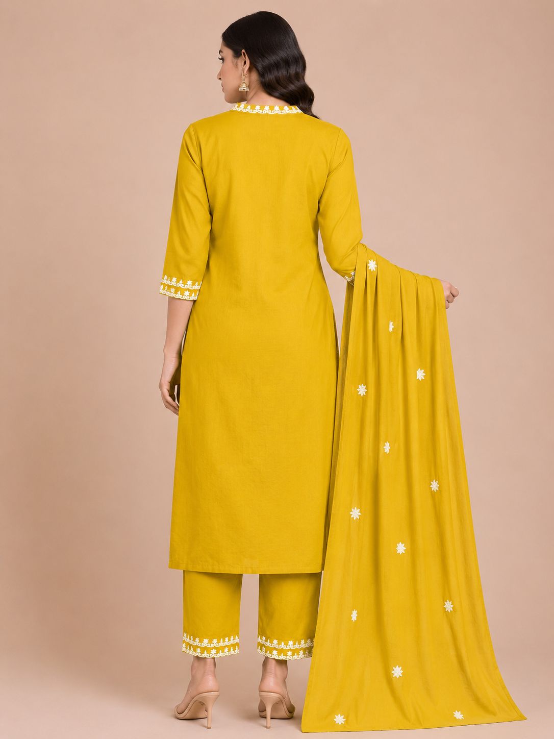 Women's Designer Olive Green 3-Piece  Kurti Set with Mandarin Collar and Fabric Buttons