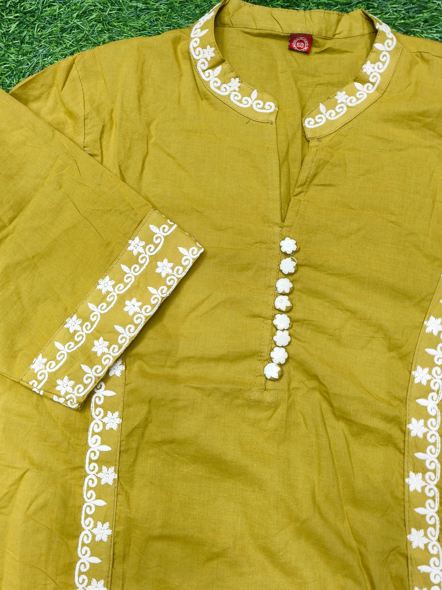 Women's Designer Olive Green 3-Piece  Kurti Set with Mandarin Collar and Fabric Buttons