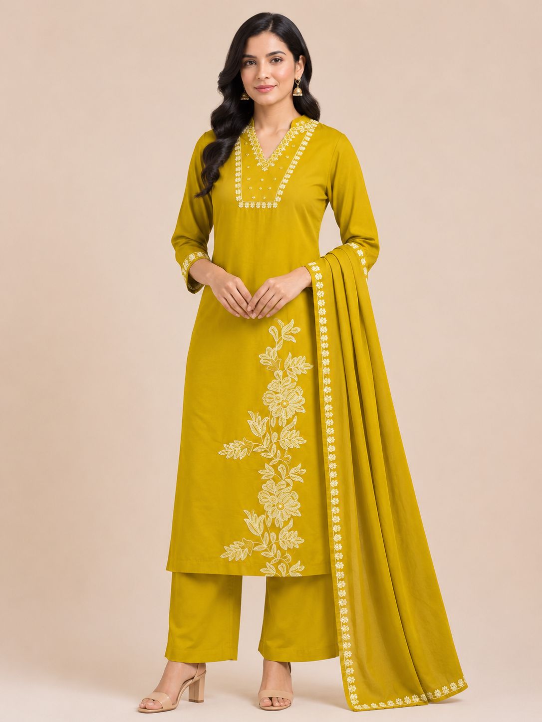 Women's Elegant Golden 3-Piece Kurti Set with Lace Detailing