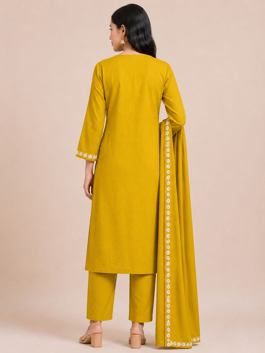 Women's Elegant Golden 3-Piece Kurti Set with Lace Detailing