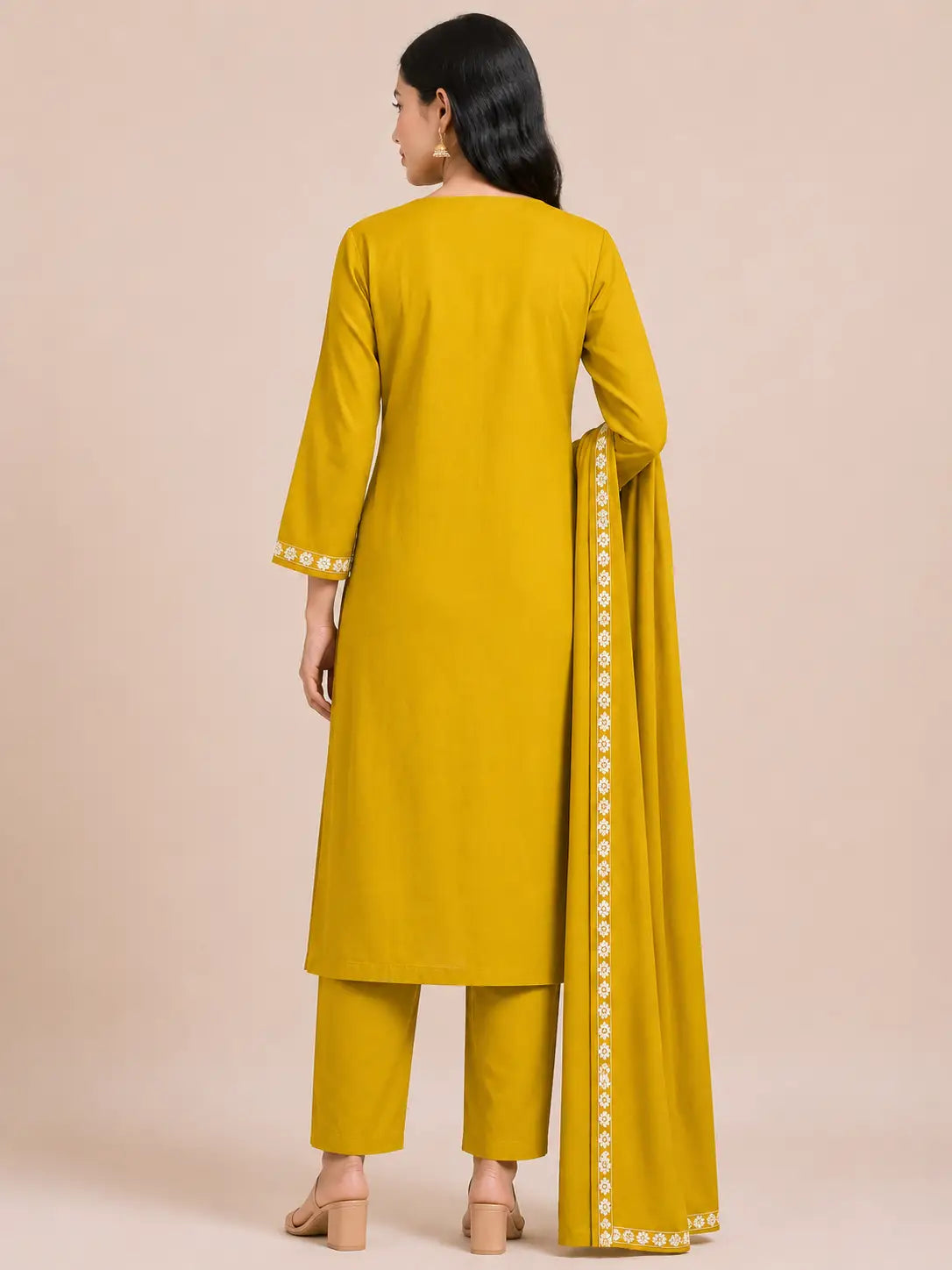 Women's Elegant Golden 3-Piece Kurti Set with Lace Detailing