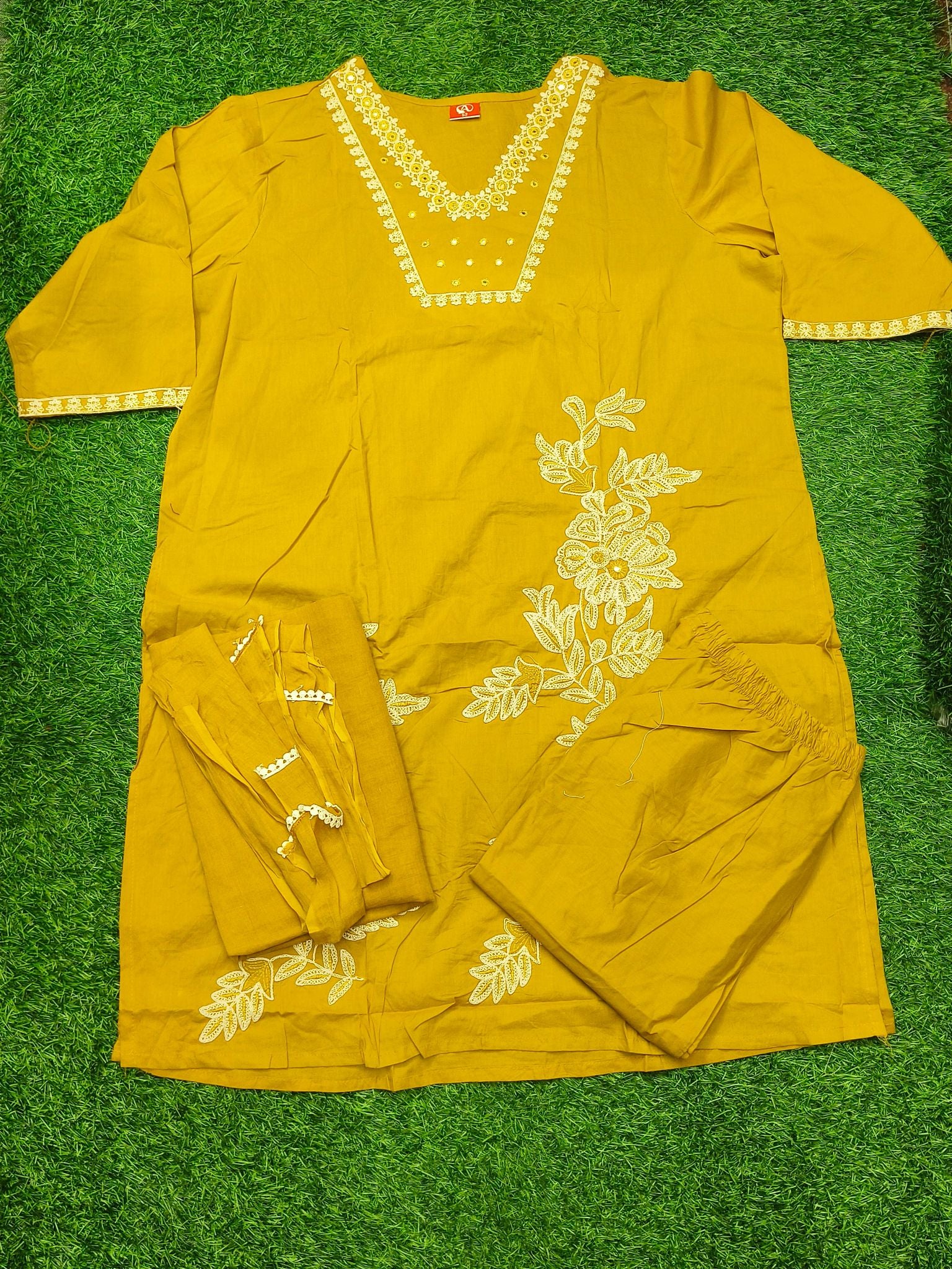 Women's Elegant Golden 3-Piece Kurti Set with Lace Detailing