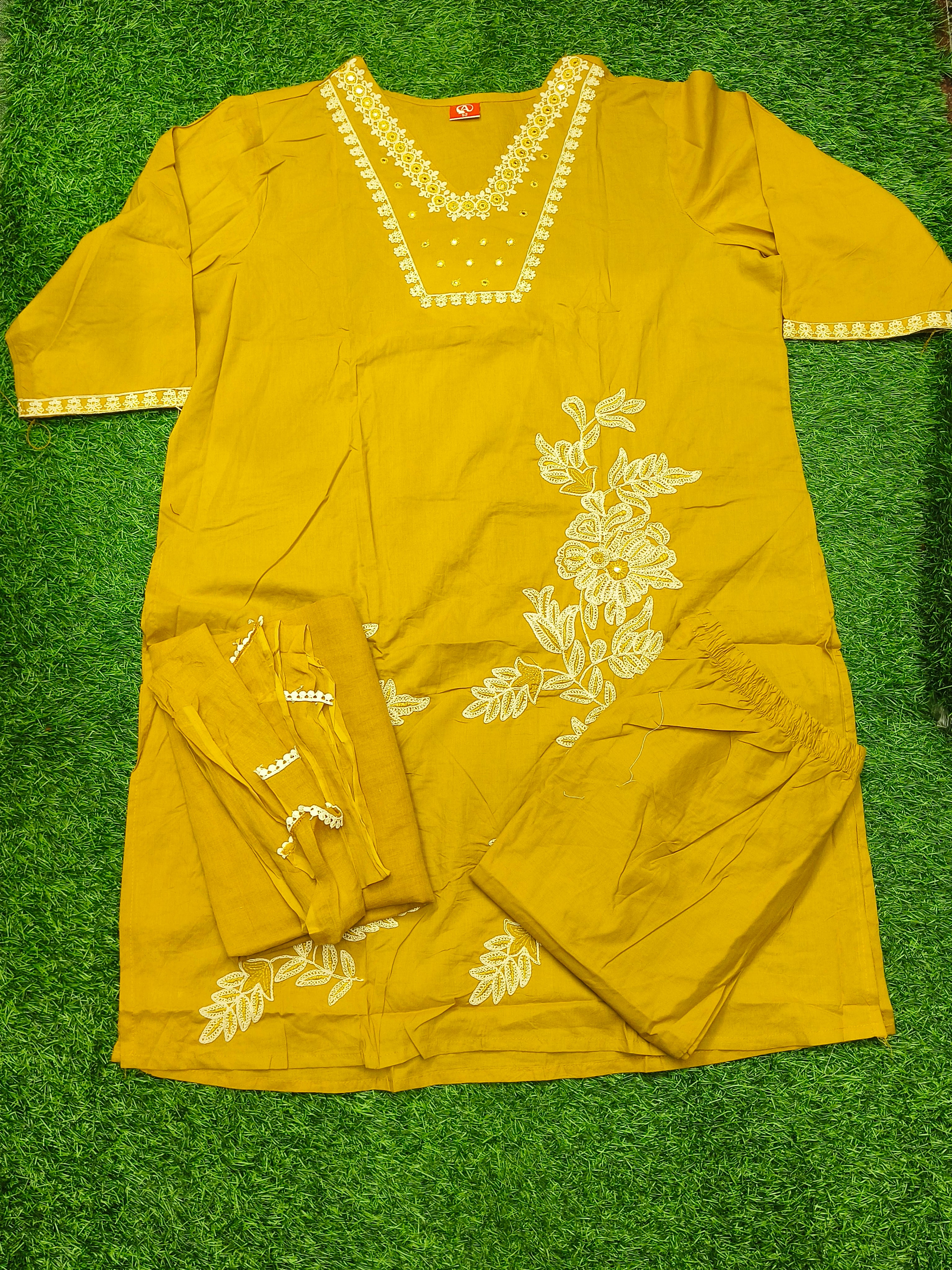Women's Elegant Golden 3-Piece Kurti Set with Lace Detailing