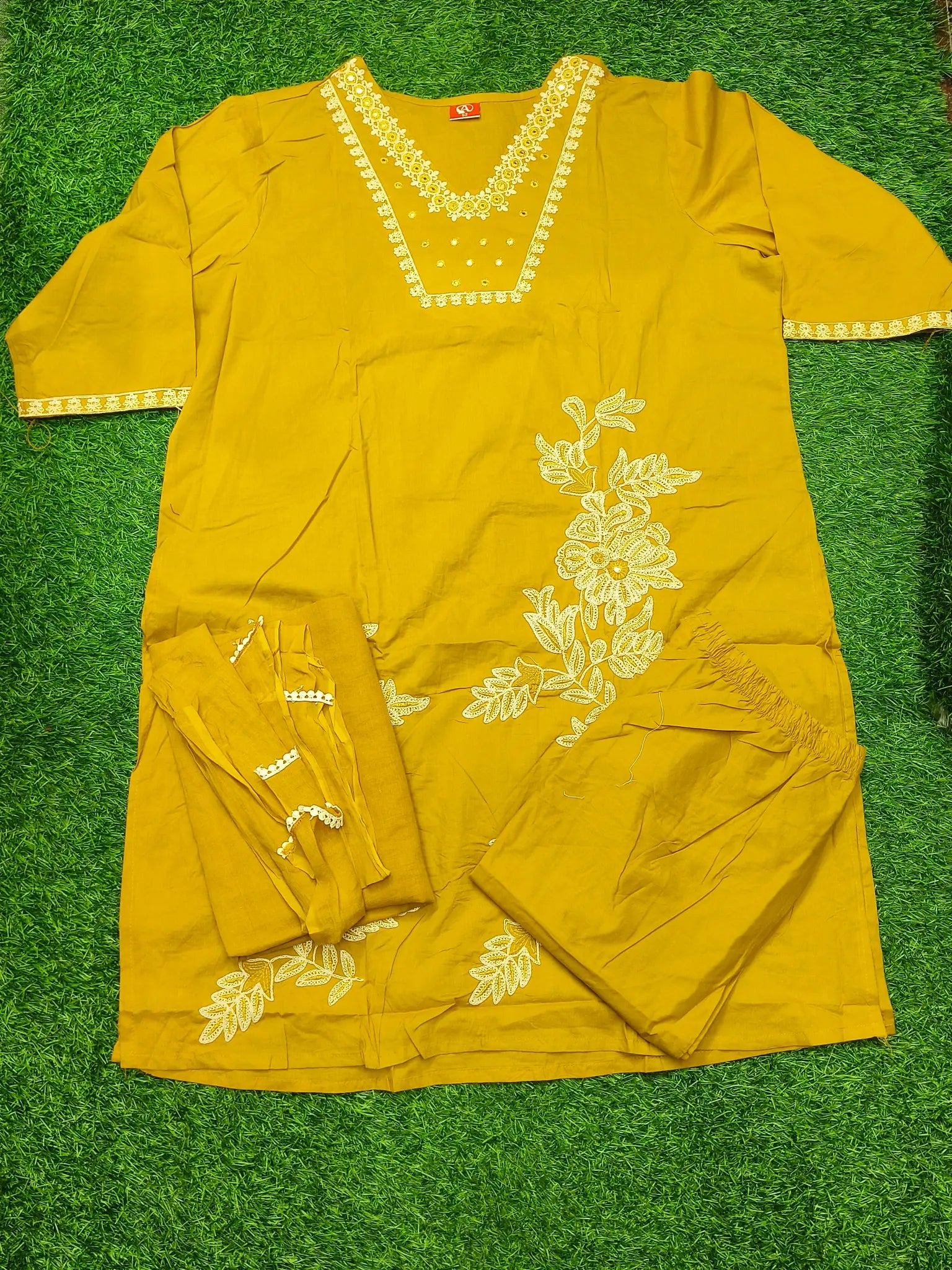 Women's Elegant Golden 3-Piece Kurti Set with Lace Detailing