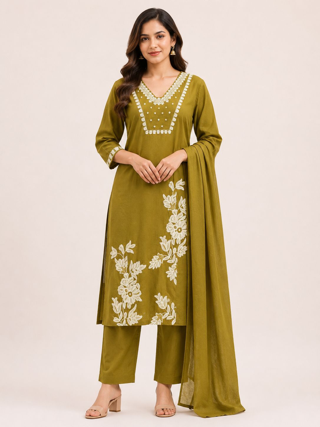 Women's Designer Olive Green 3-Piece Kurti Set with V-Neck and 3/4 Sleeves