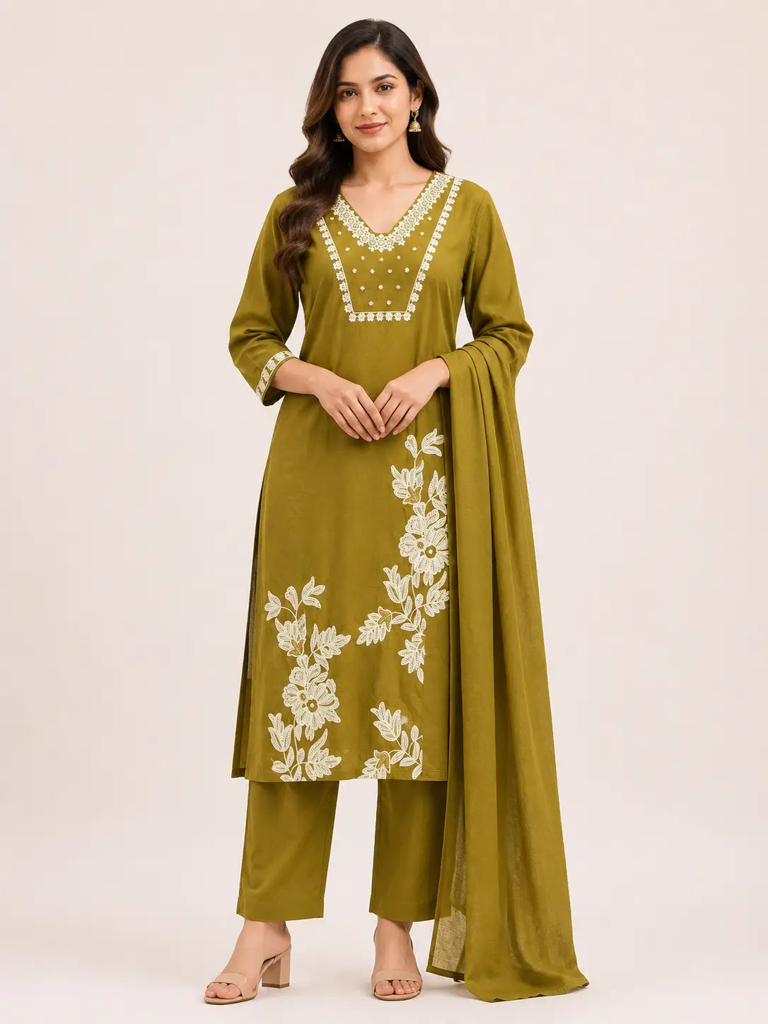 Women's Designer Olive Green 3-Piece Kurti Set with V-Neck and 3/4 Sleeves