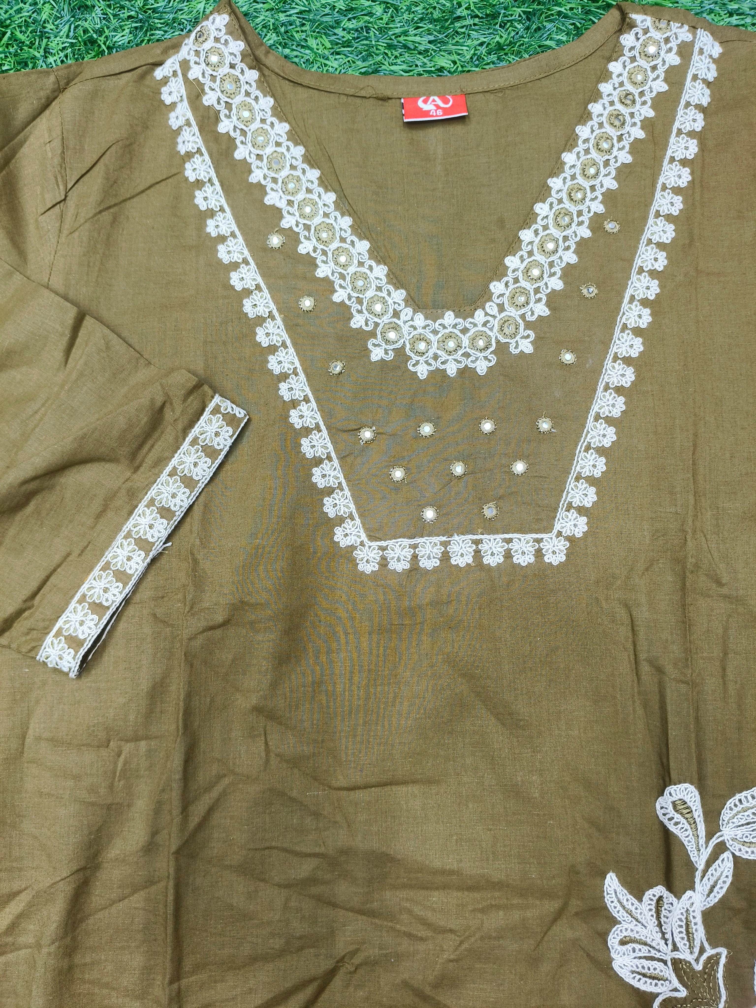 Women's Designer Olive Green 3-Piece Kurti Set with V-Neck and 3/4 Sleeves