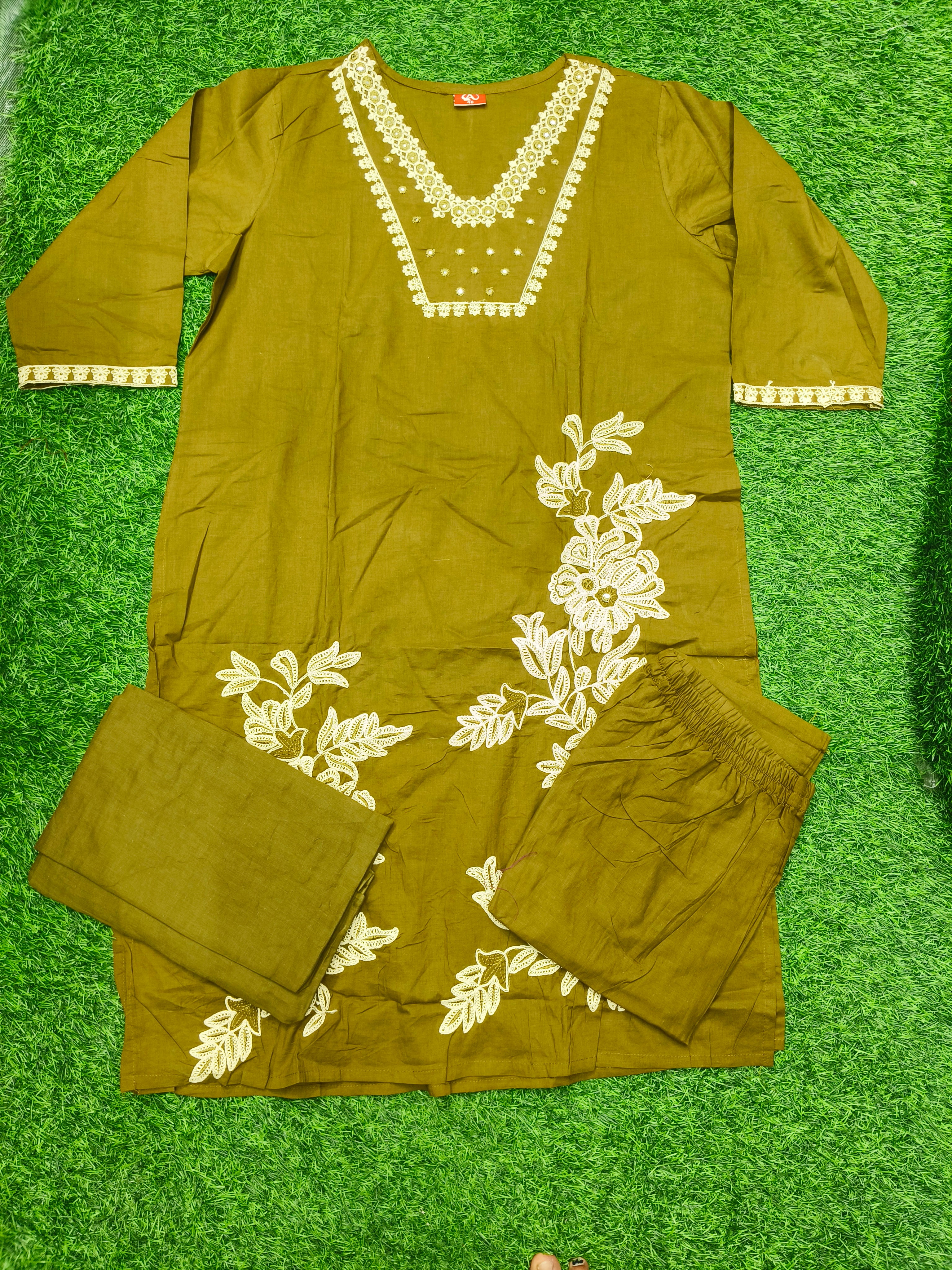 Women's Designer Olive Green 3-Piece Kurti Set with V-Neck and 3/4 Sleeves