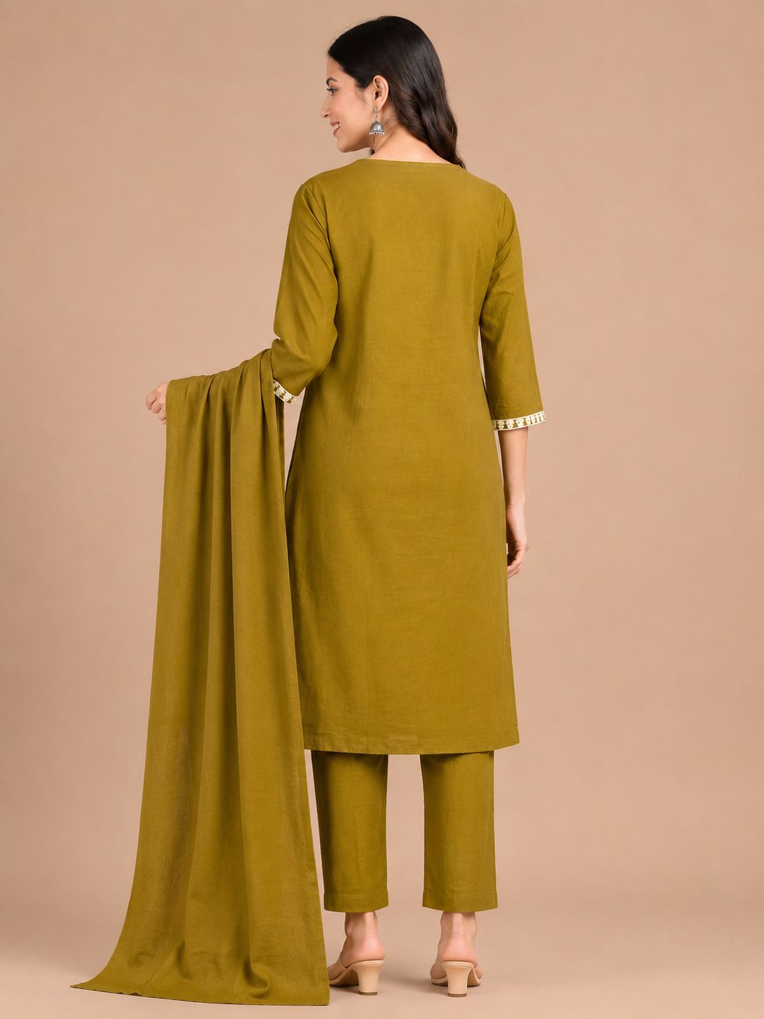 Women's Designer Olive Green 3-Piece Kurti Set with V-Neck and 3/4 Sleeves
