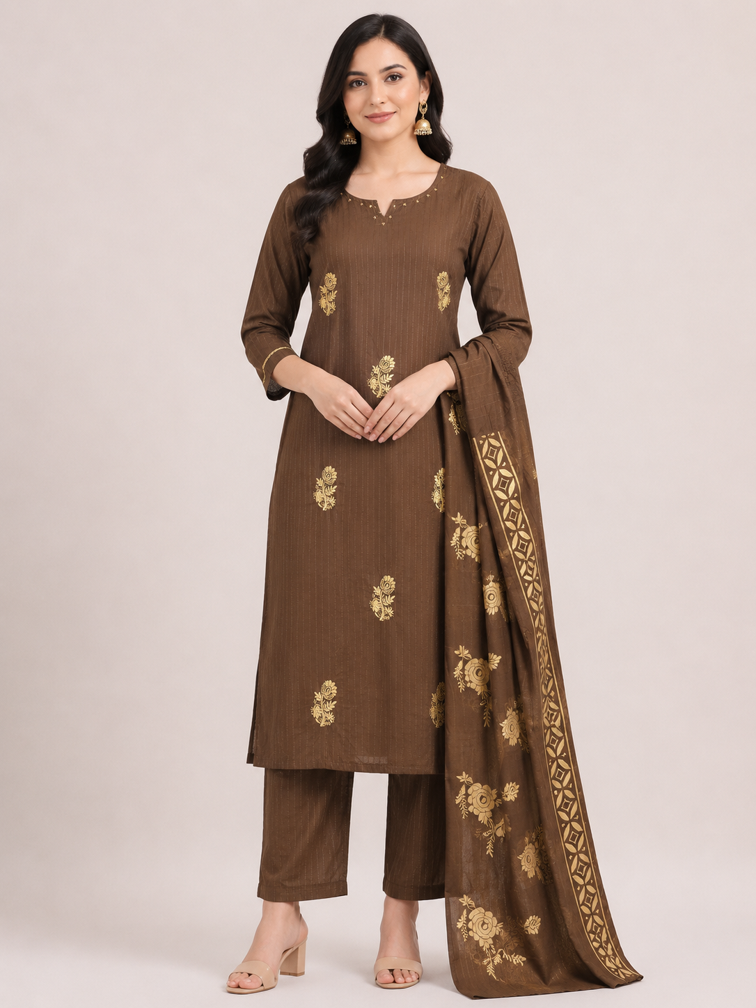Women's Dark Brown Ethnic 3-Piece Kurti Set with embroidery work