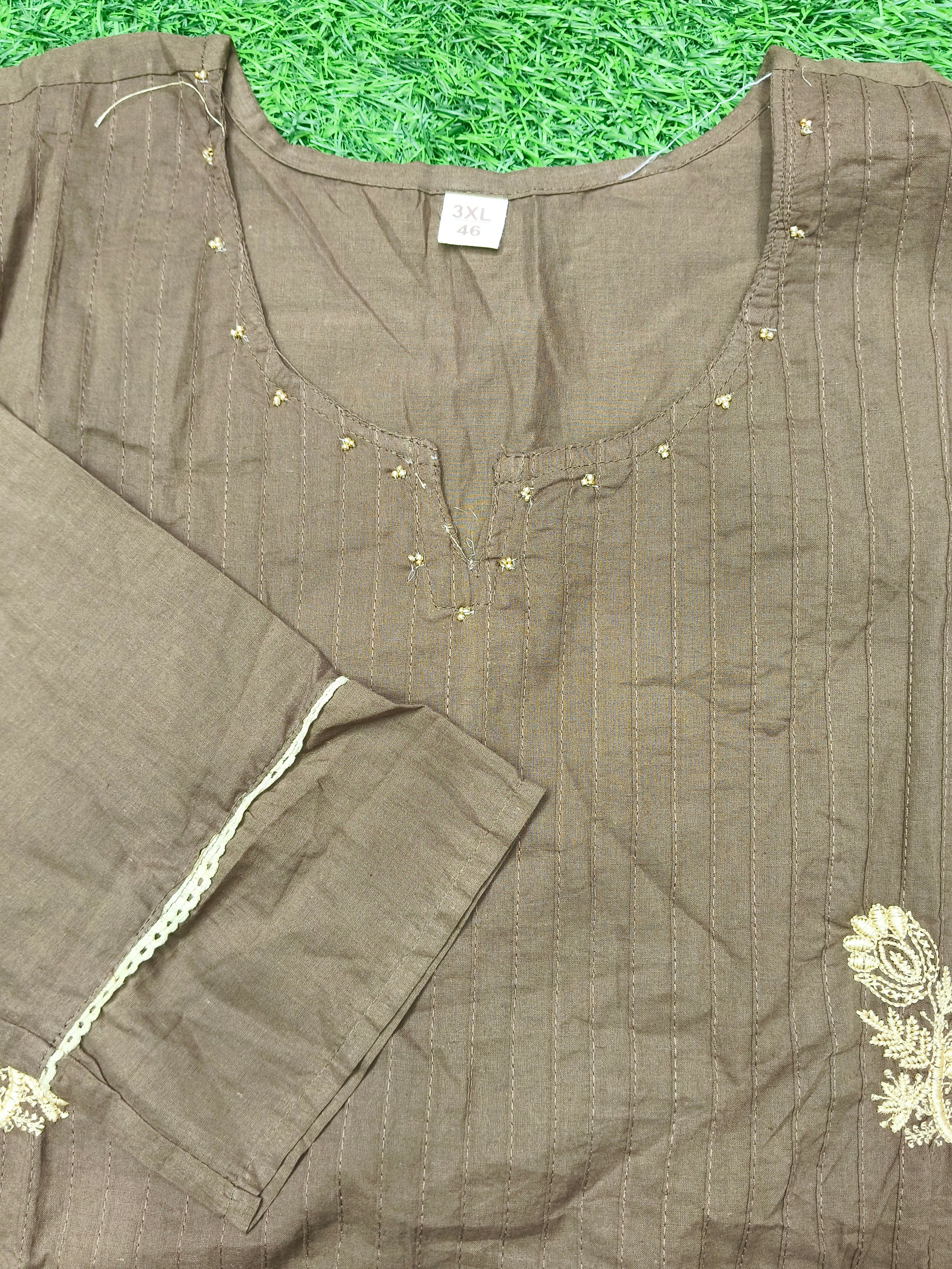Women's Dark Brown Ethnic 3-Piece Kurti Set with embroidery work
