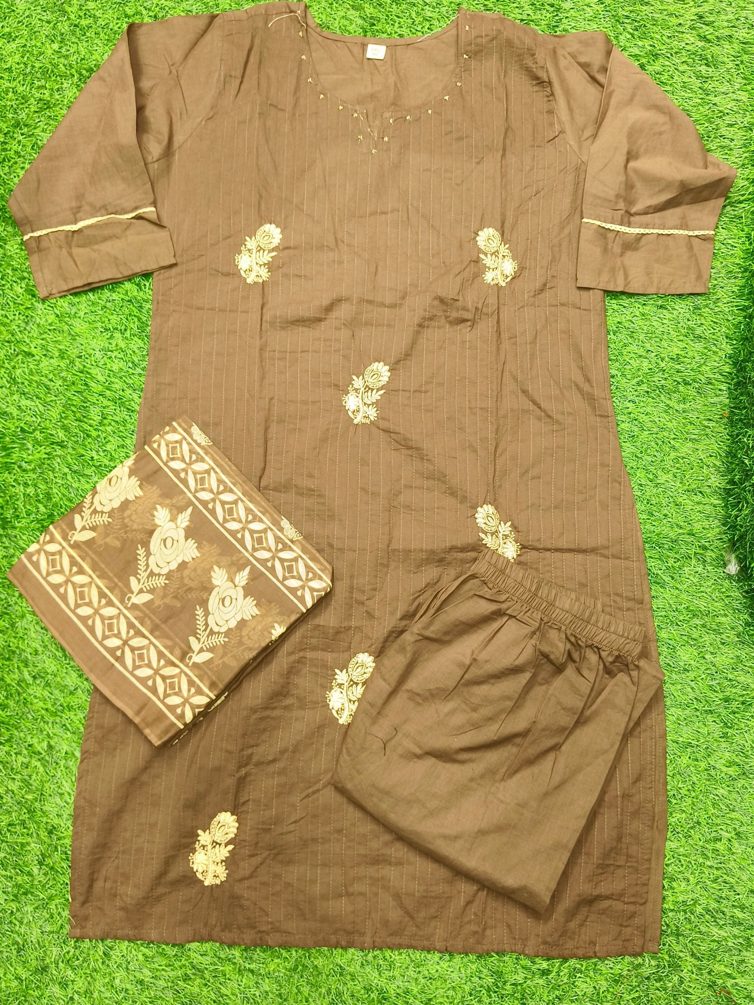 Women's Dark Brown Ethnic 3-Piece Kurti Set with embroidery work