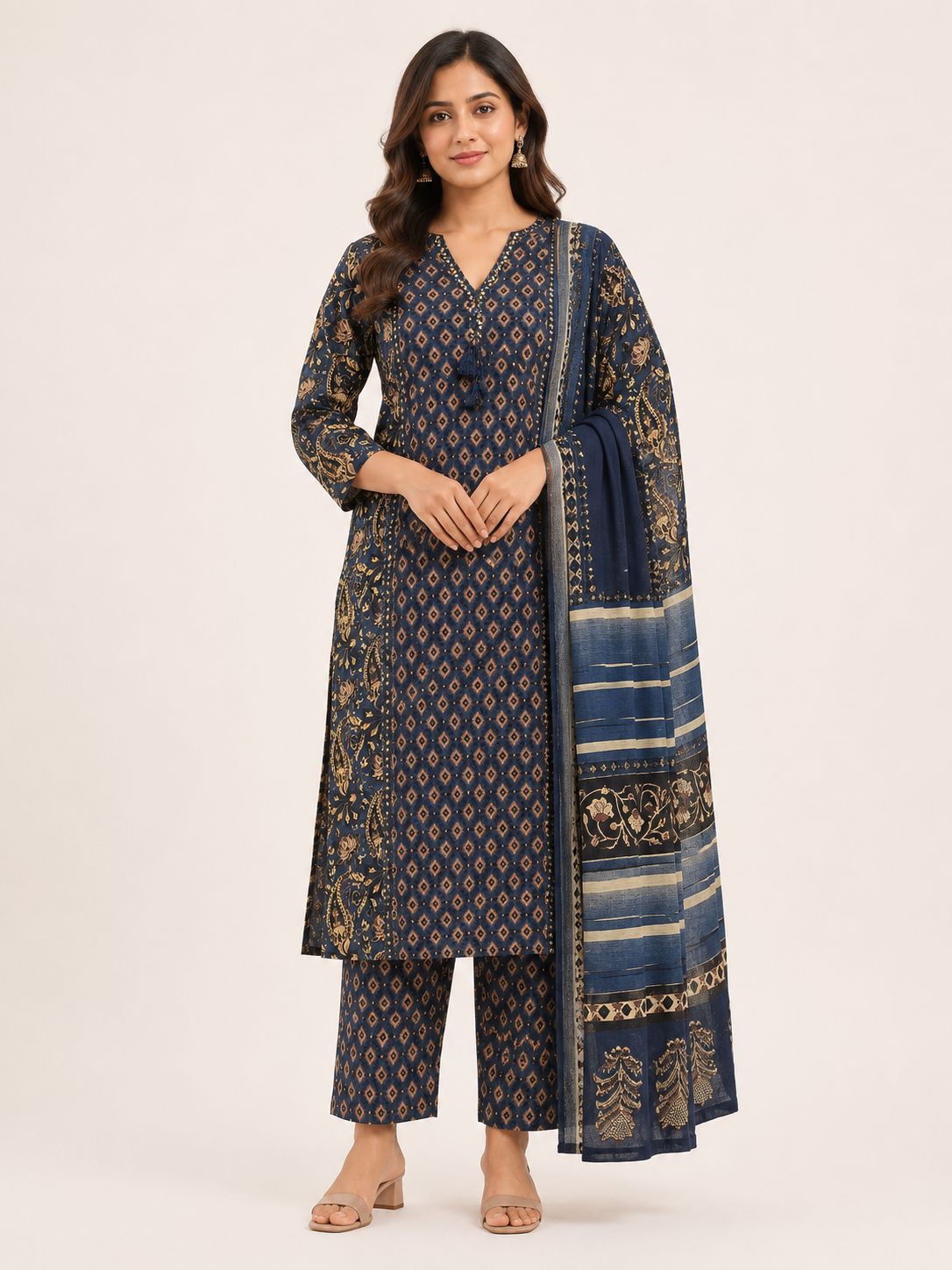 Women's Light Navy Blue Ethnic 3-Piece Kurti Set with embroidery work