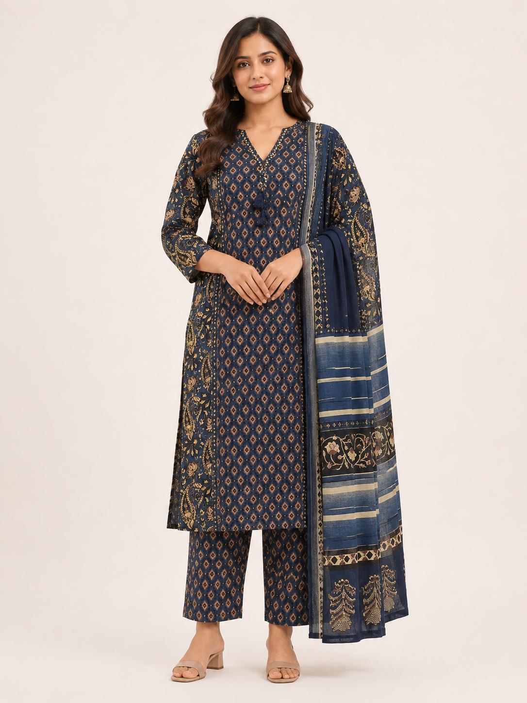Women's Light Navy Blue Ethnic 3-Piece Kurti Set with embroidery work