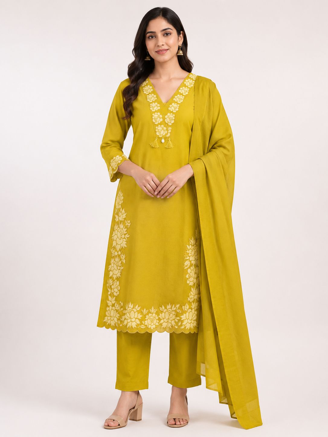 Women's Designer Olive Green 3-Piece  Kurti Set with Embroidered V-Neck