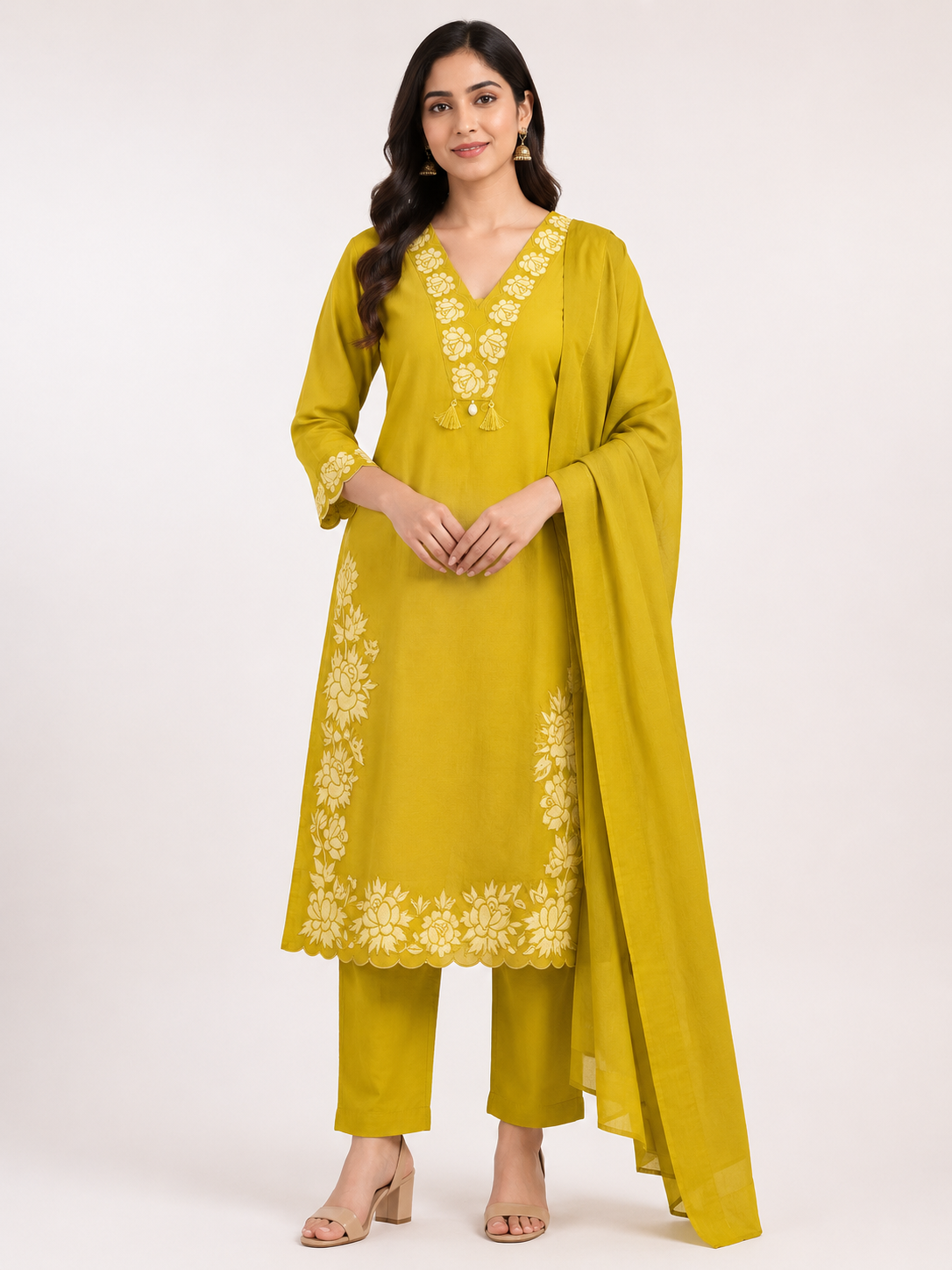 Women's Designer Olive Green 3-Piece  Kurti Set with Embroidered V-Neck