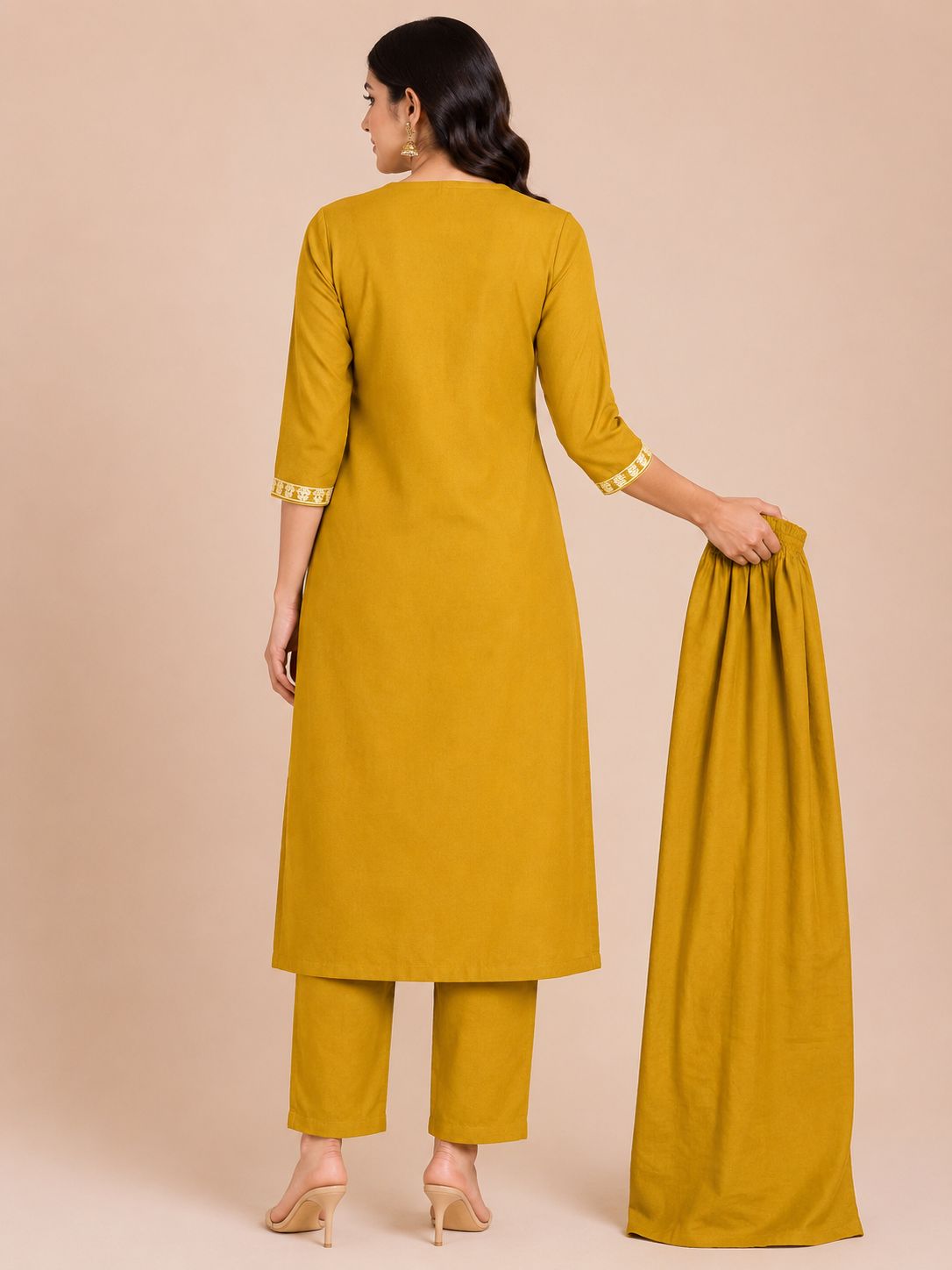 Women's Designer Olive Green 3-Piece  Kurti Set with Embroidered V-Neck