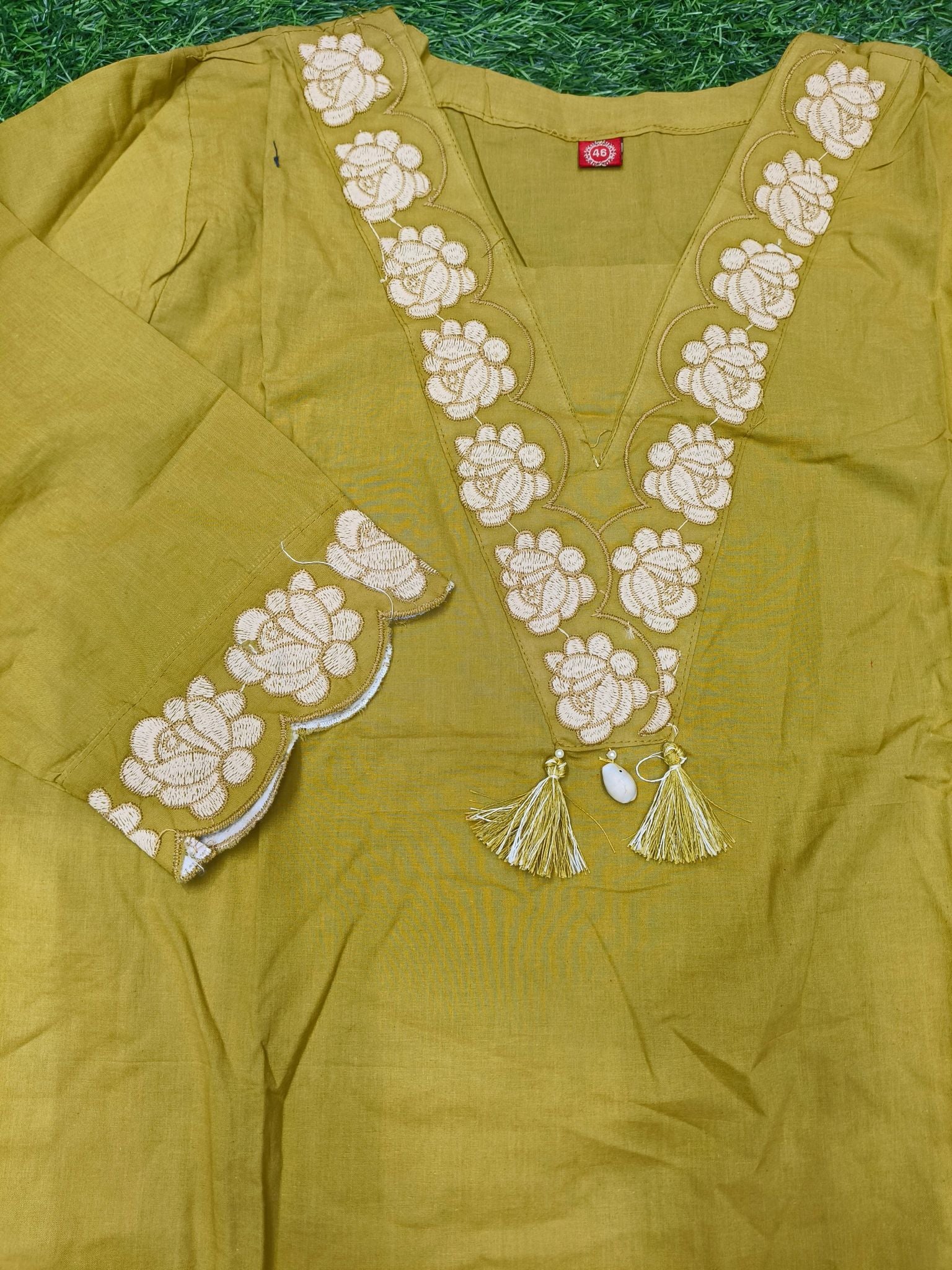 Women's Designer Olive Green 3-Piece  Kurti Set with Embroidered V-Neck