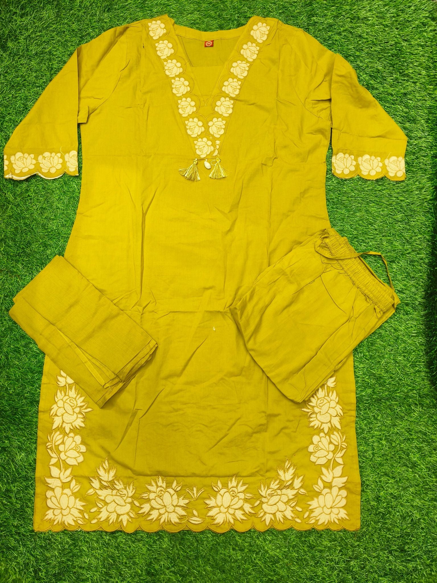 Women's Designer Olive Green 3-Piece  Kurti Set with Embroidered V-Neck