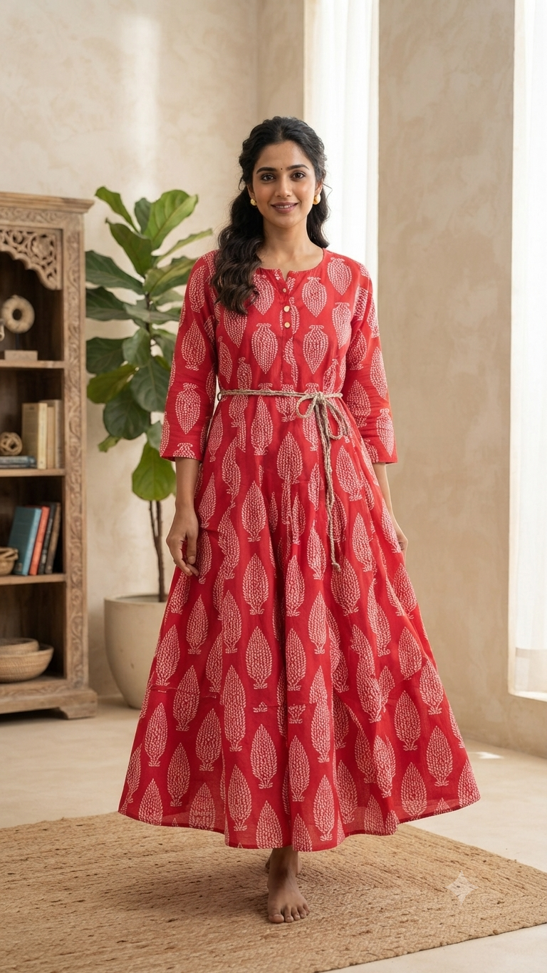 Elegant Bright Pink and WhitePrinted Single Piece Kurti with Front Buttons and Waist Tie