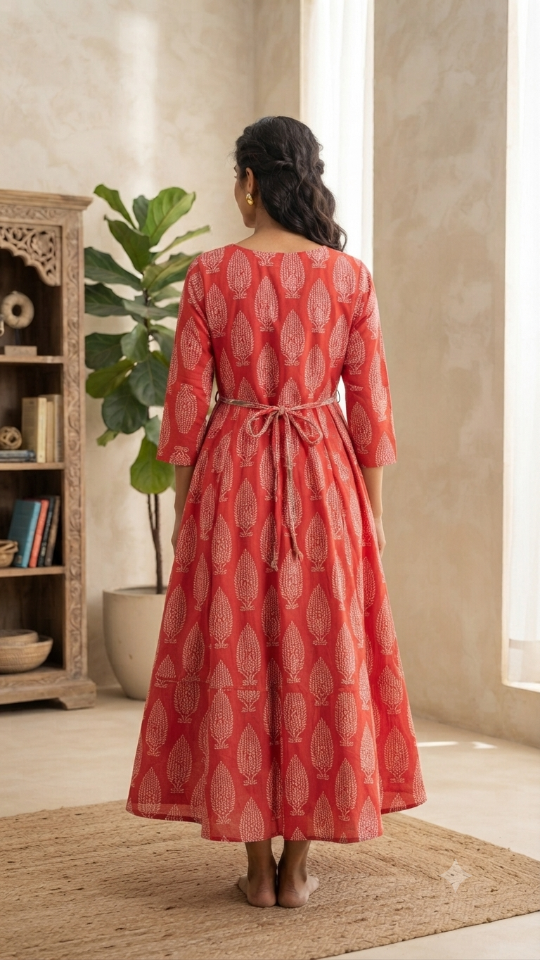 Elegant Bright Pink and WhitePrinted Single Piece Kurti with Front Buttons and Waist Tie