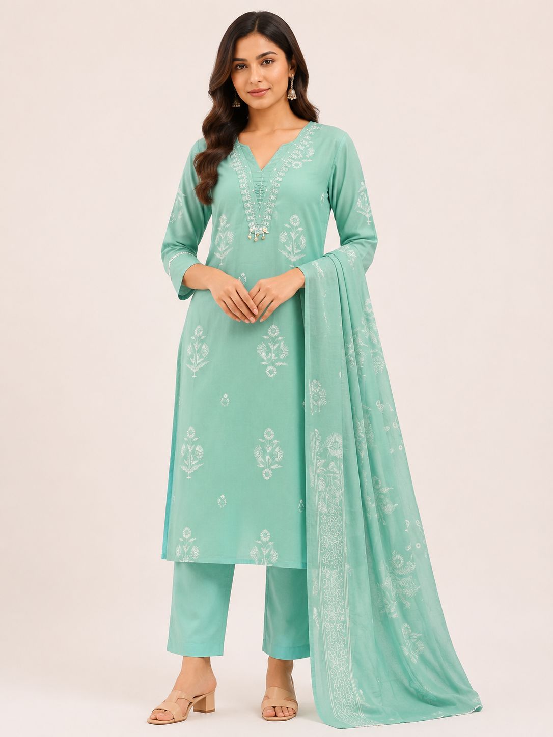 Women's Premium Light Green V-Neck 3-Piece Kurti Set with Embroidered Detailing