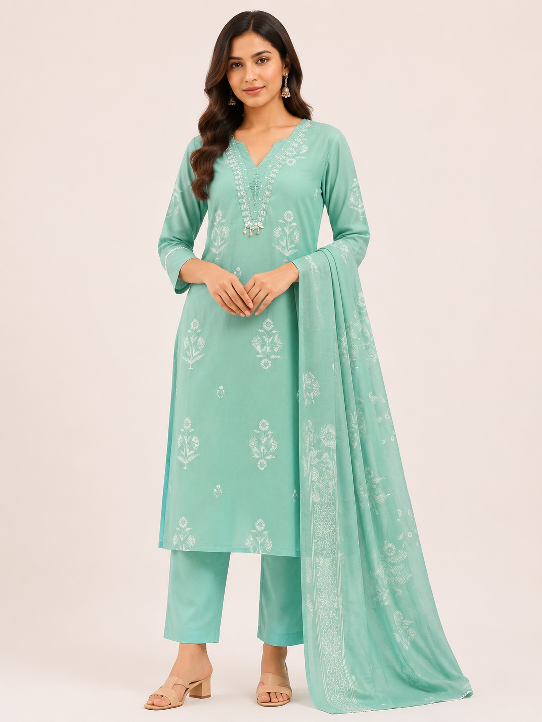 Women's Premium Light Green V-Neck 3-Piece Kurti Set with Embroidered Detailing