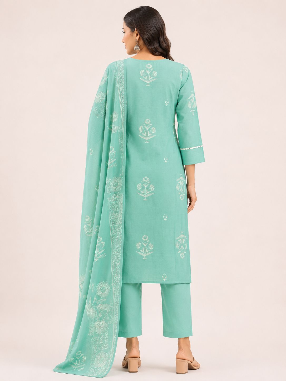Women's Premium Light Green V-Neck 3-Piece Kurti Set with Embroidered Detailing