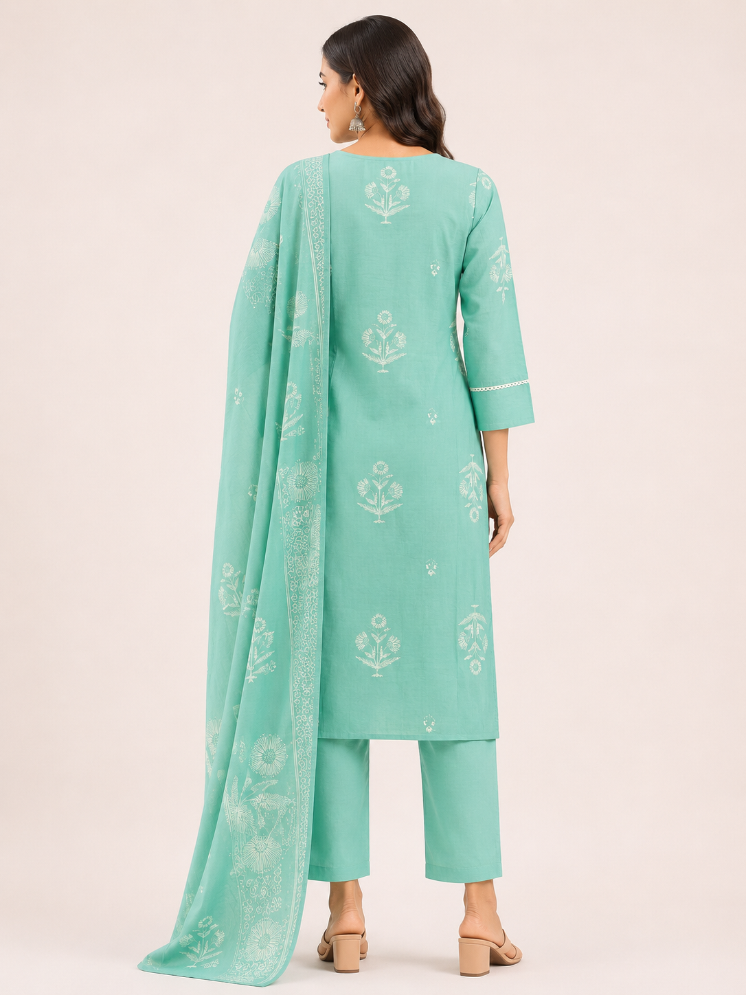 Women's Premium Light Green V-Neck 3-Piece Kurti Set with Embroidered Detailing