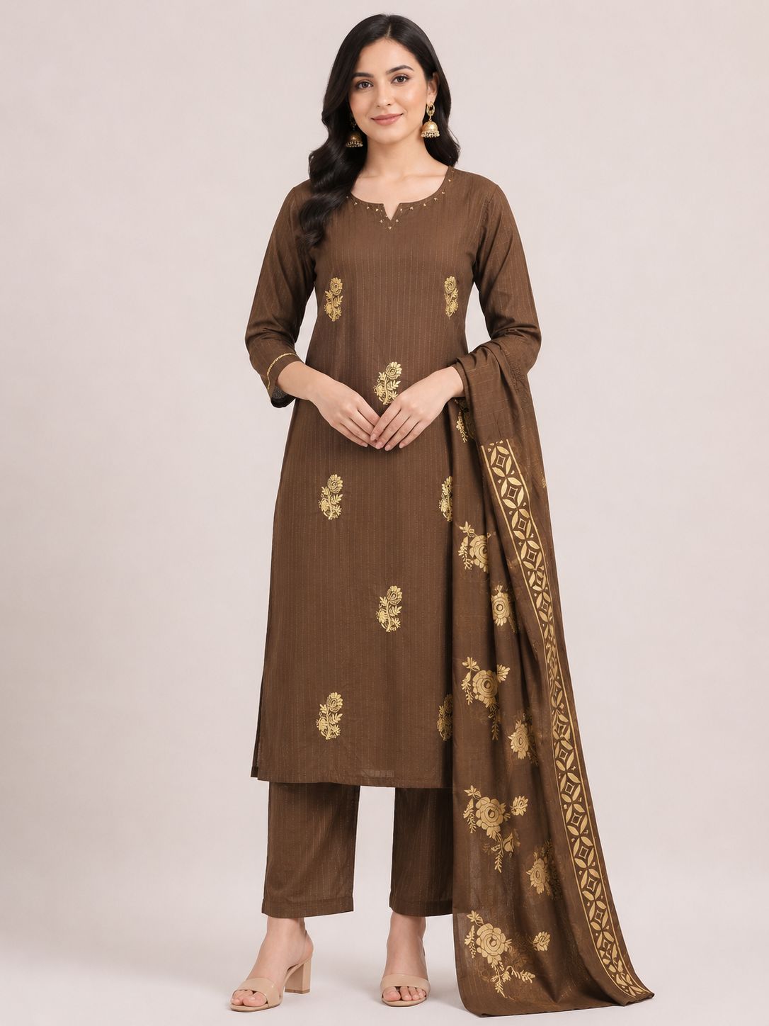 Women's Dark Brown Ethnic 3-Piece Kurti Set with embroidery work