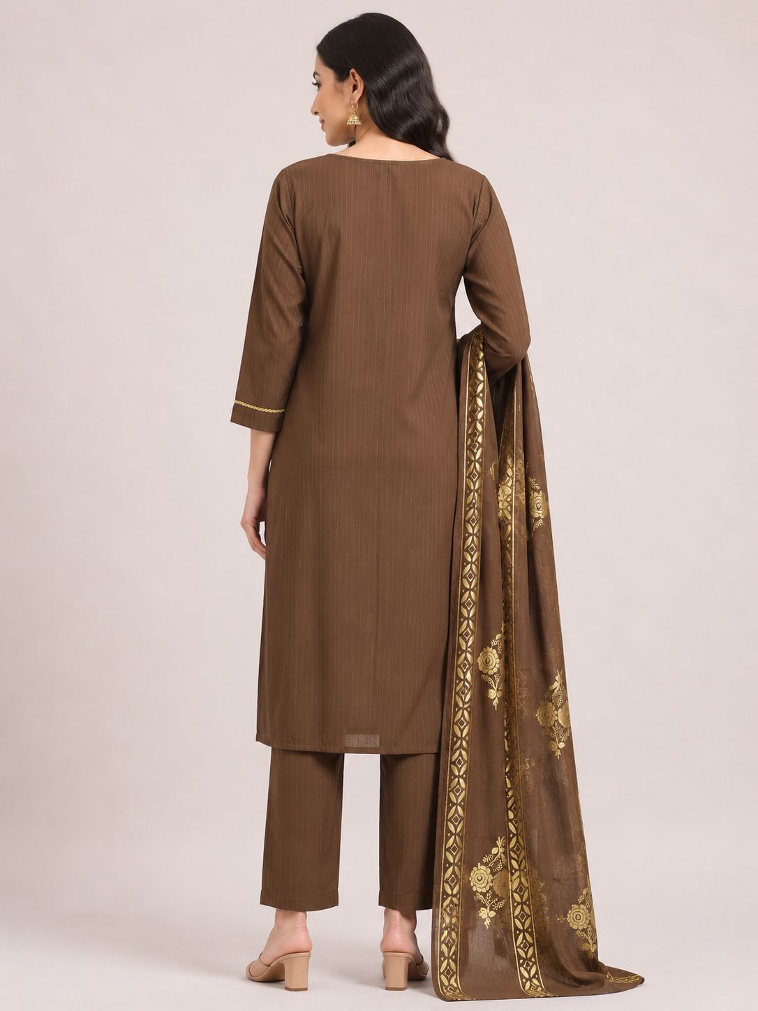 Women's Dark Brown Ethnic 3-Piece Kurti Set with embroidery work