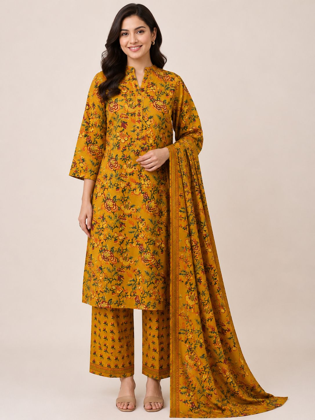 Women's Festive Mustard Yellow 3-Piece Kurti Set with Embroidered Neckline