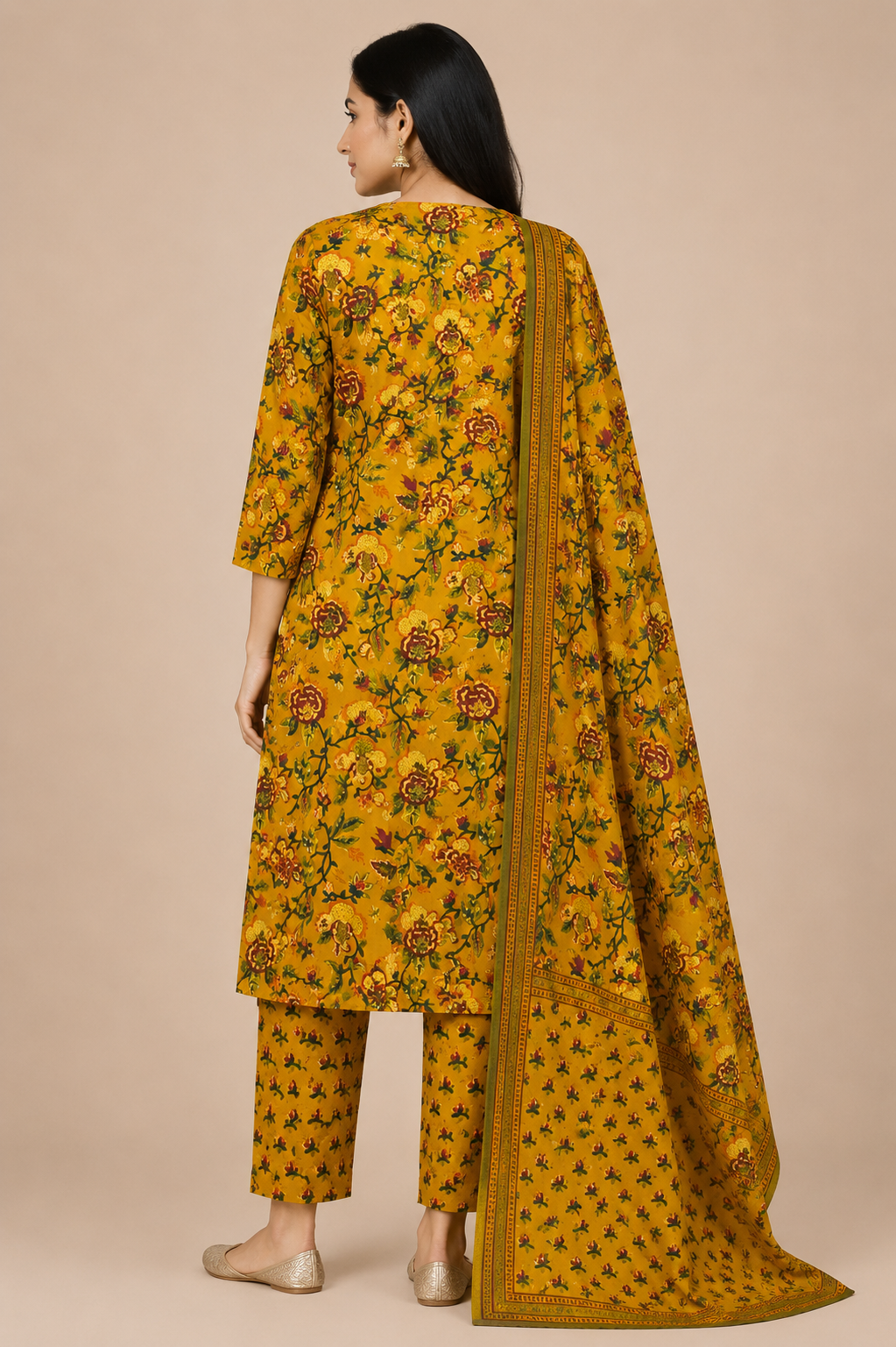 Women's Festive Mustard Yellow 3-Piece Kurti Set with Embroidered Neckline