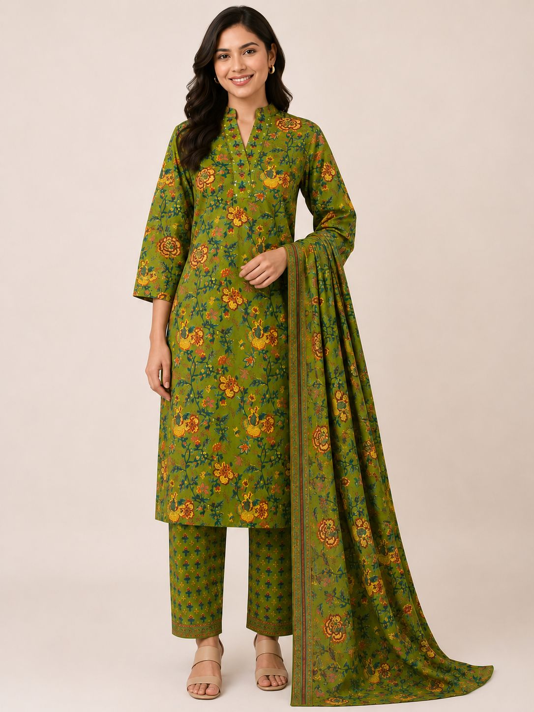 Women's Green Flared Umbrella 3-Piece Kurti Set with 3/4 Sleeves