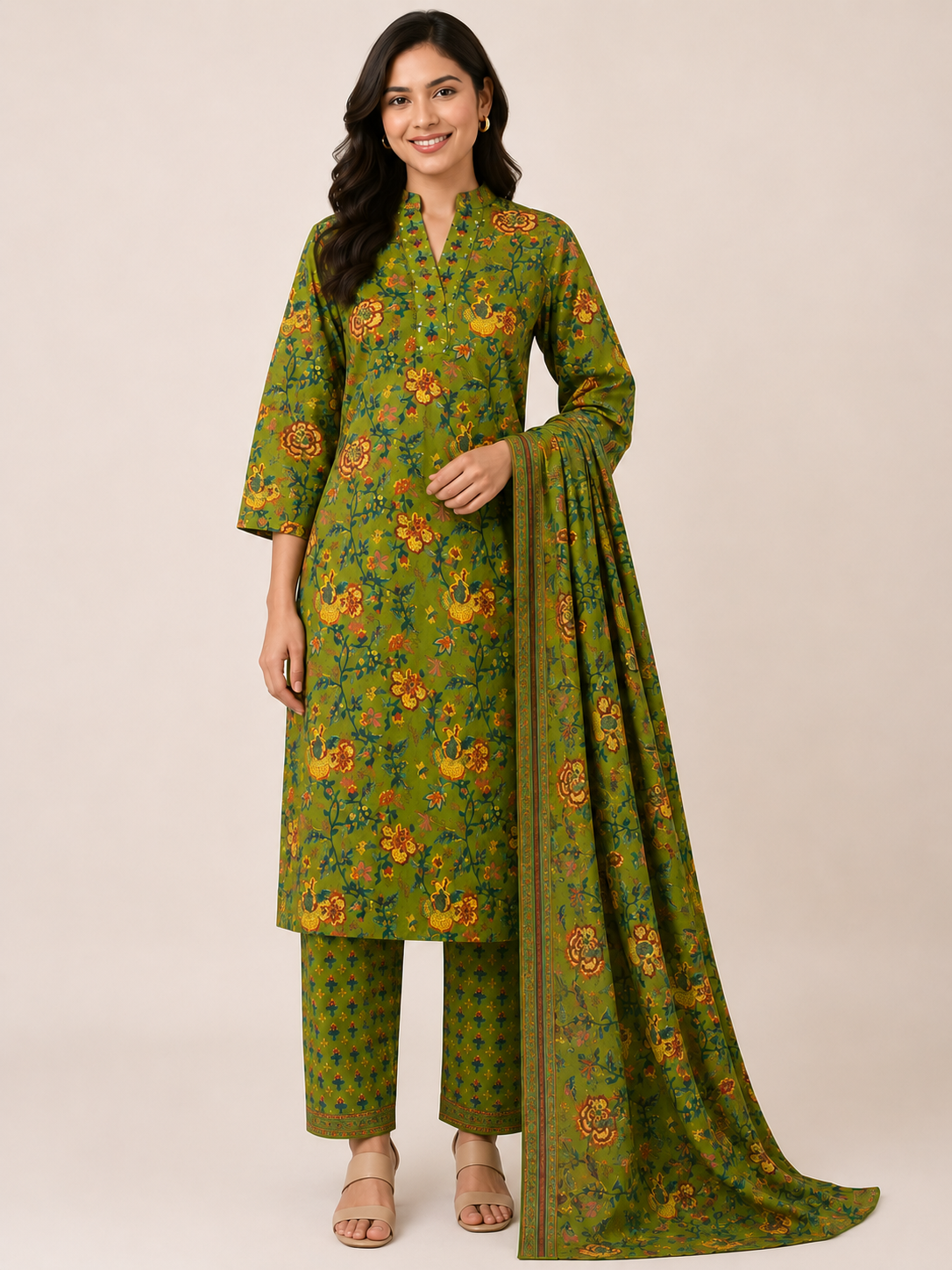 Women's Green Flared Umbrella 3-Piece Kurti Set with 3/4 Sleeves
