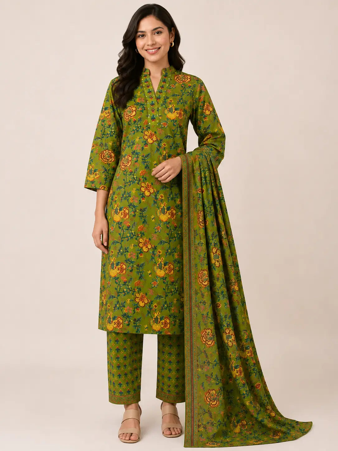 Women's Green Flared Umbrella 3-Piece Kurti Set with 3/4 Sleeves