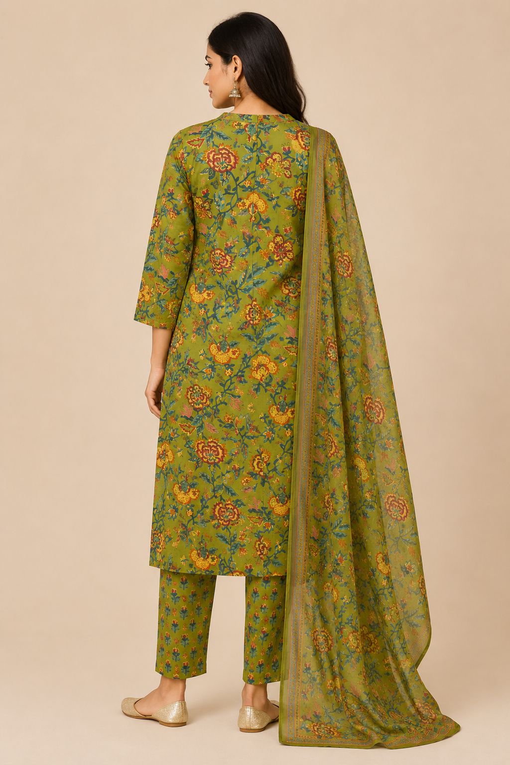 Women's Green Flared Umbrella 3-Piece Kurti Set with 3/4 Sleeves